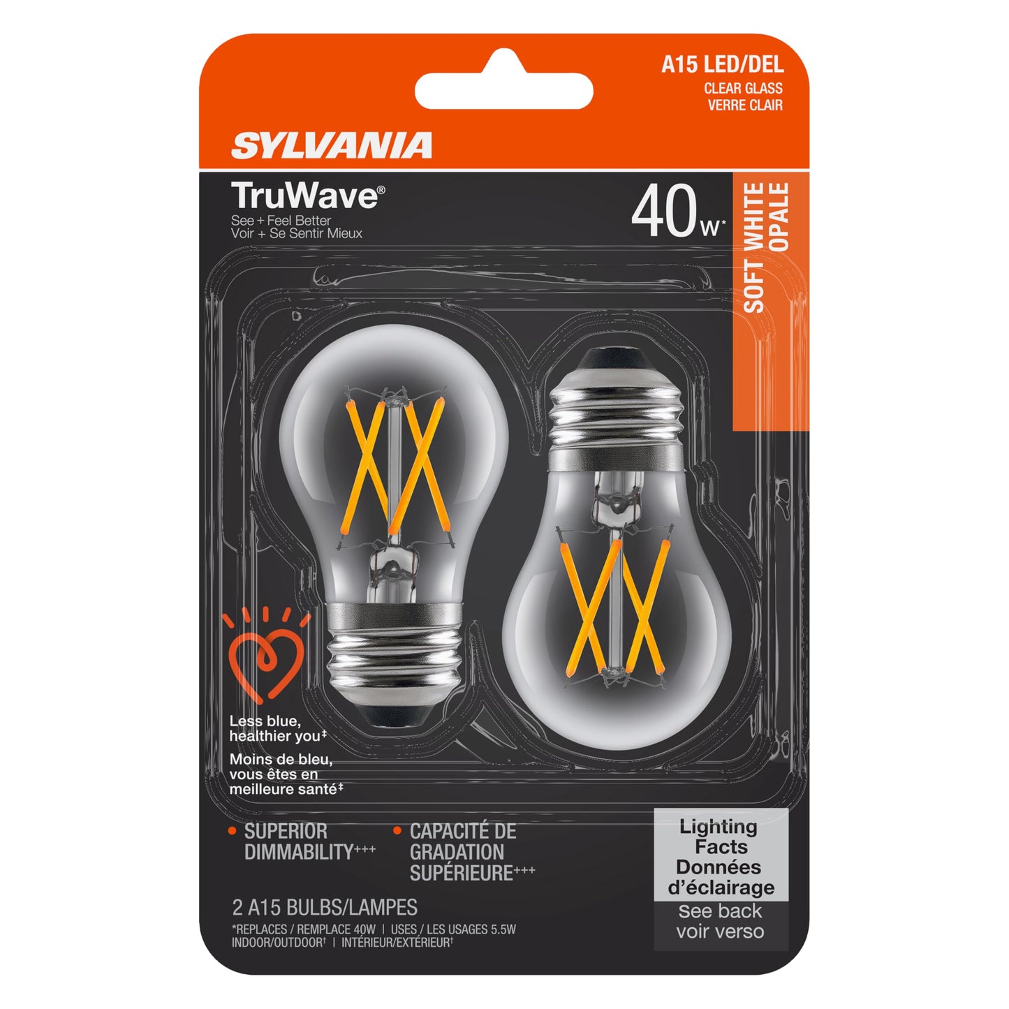 LEDVANCE Sylvania LED TruWave Natural Series Ceiling Fan / Fixture Light Bulb, 40W A15 Soft White Medium Base, Dimmable, Clear - 2 Pack, 40761