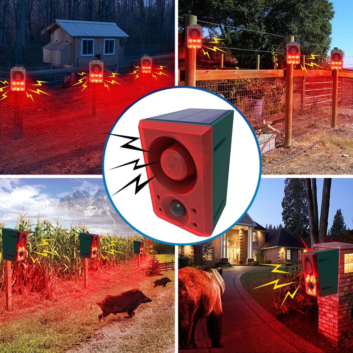 Solar Outdoor Motion Sensor Alarm - Dog Barking & Gunshot Sound 130db Motion Detector Alarm Light,with Remote Controller for Home, Villa,Yard,Chicken
