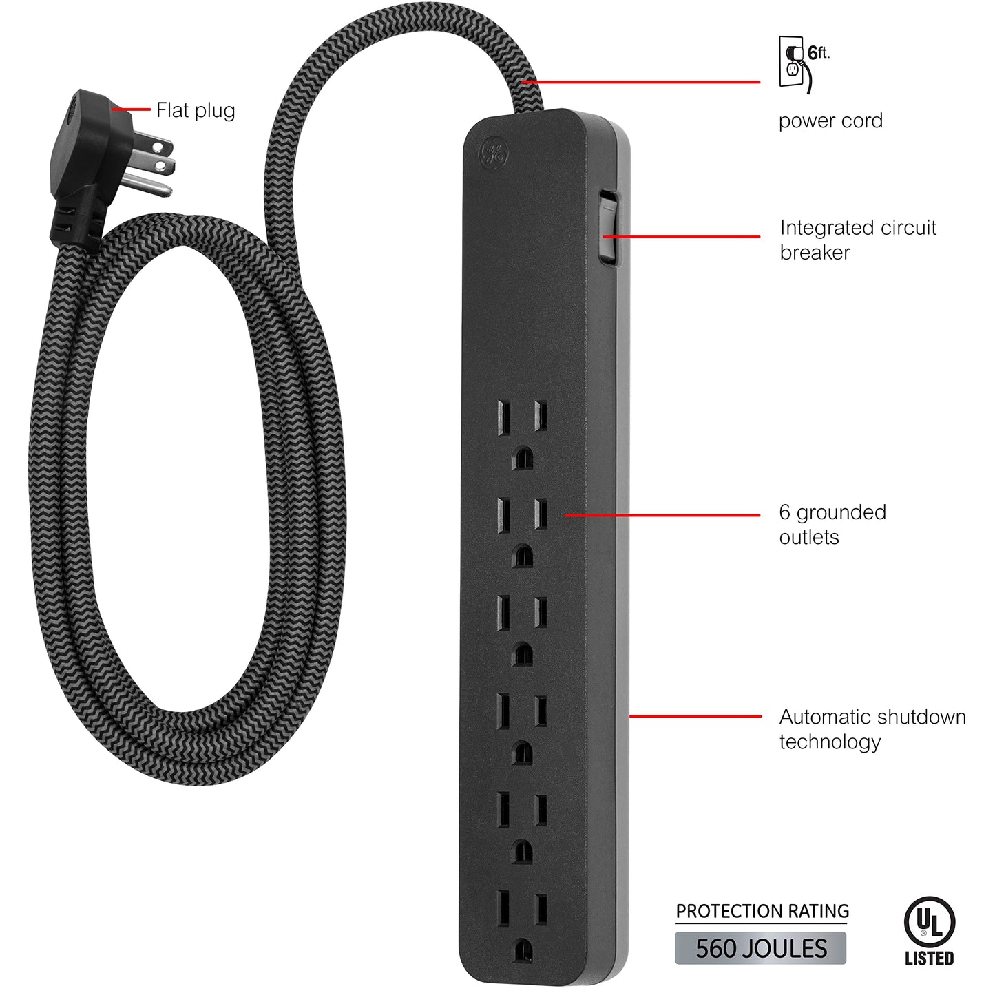 GE UltraPro 6 Outlet Surge Protector, 6 Ft Designer Braided Extension Cord, Flat Plug, Long Power Cord, Wall Mount, Black, 45271