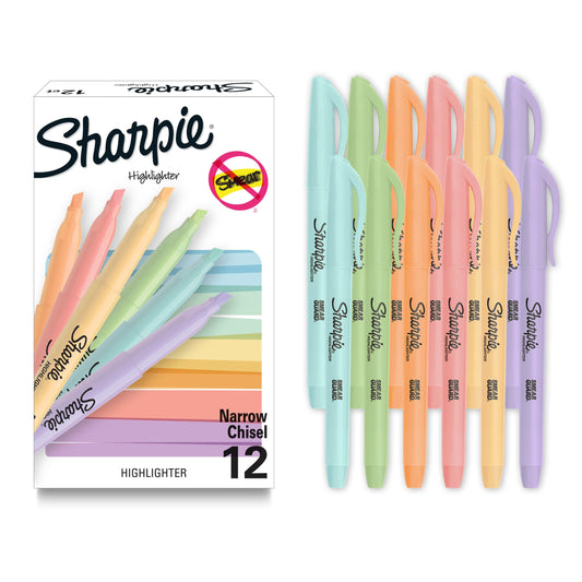 Sharpie Pocket Highlighters, Mild Pastel Colors, Assorted, Chisel Tip, 12 Count - School, Home, and Office Use, Teacher Supplies