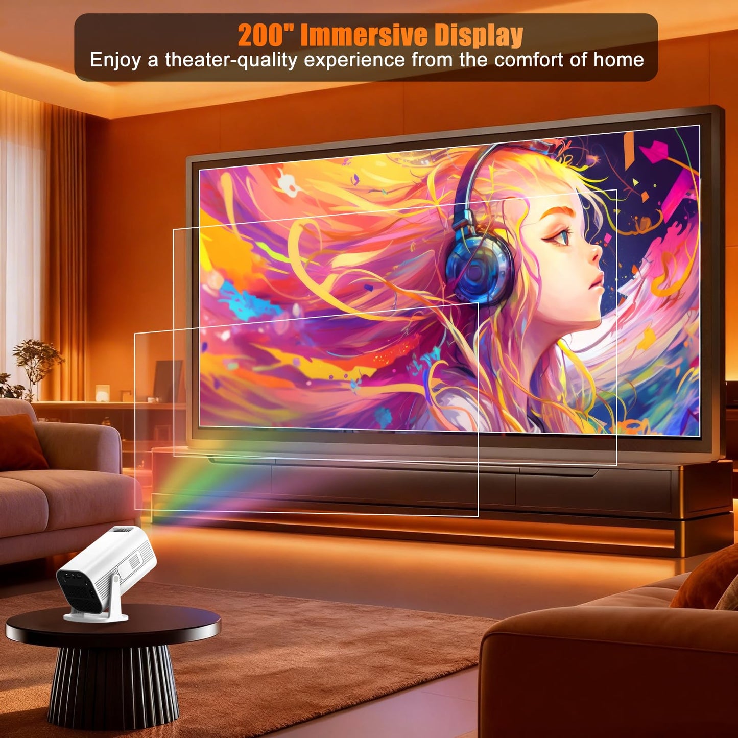 LJYT Mini Projector, 250 ANSI Lumens, Support 4K, Auto Keystone, 210° Rotation, Bluetooth 5.4, WiFi 6, Android 11, 1080P Portable, Compatible