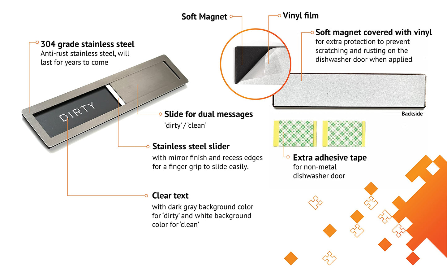 Dishwasher Magnet Clean/Dirty Sign – Kubik Premium Stainless Steel 304, Kitchen Organizer & Storage Decor with Extra Adhesive Tape