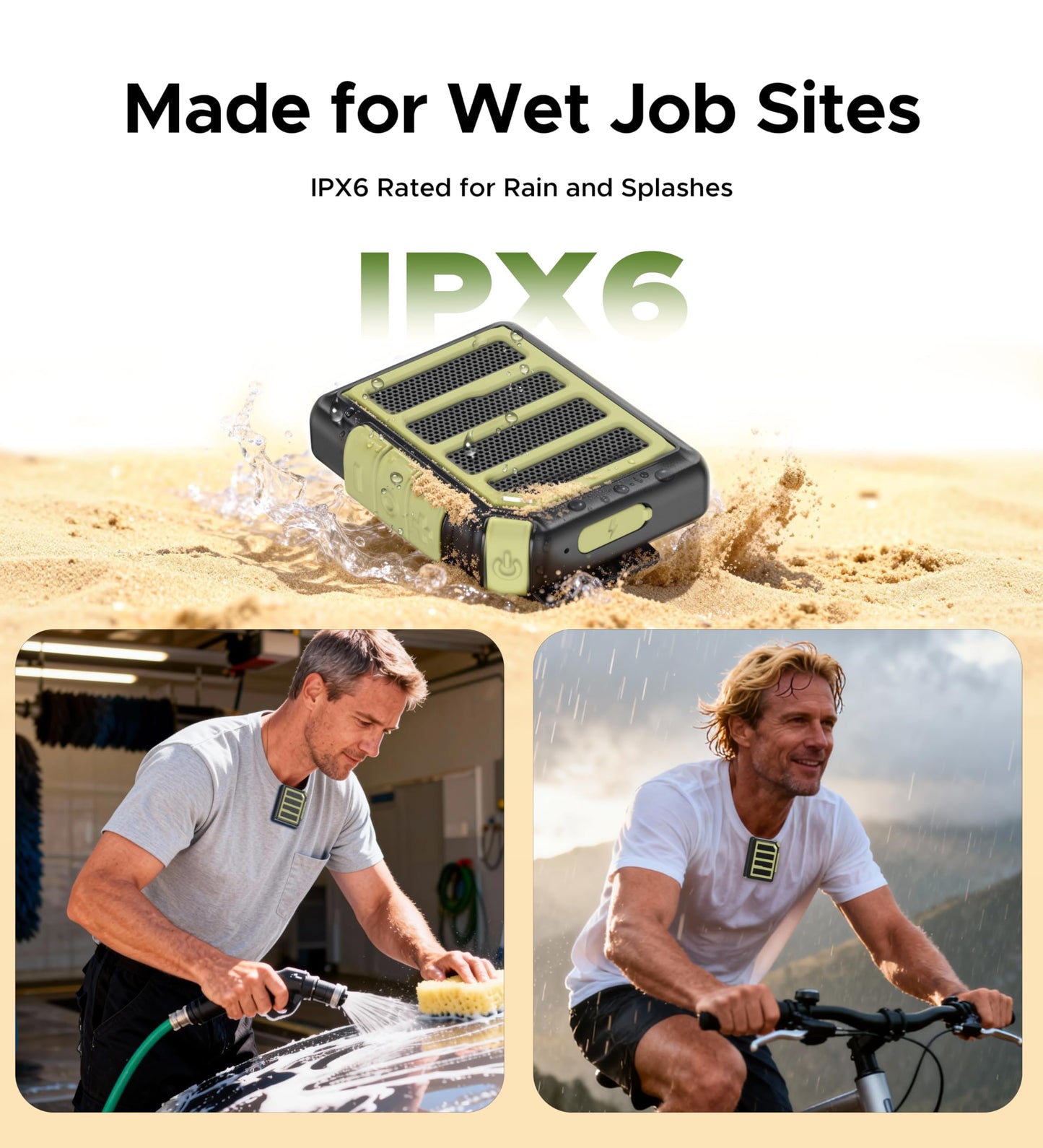 Wearable Bluetooth Speaker, 25H Working Time Clip-On Wireless Jobsite Pro Water-Resistant Portable Speaker, ENC Built-in Mic for Hands-Free