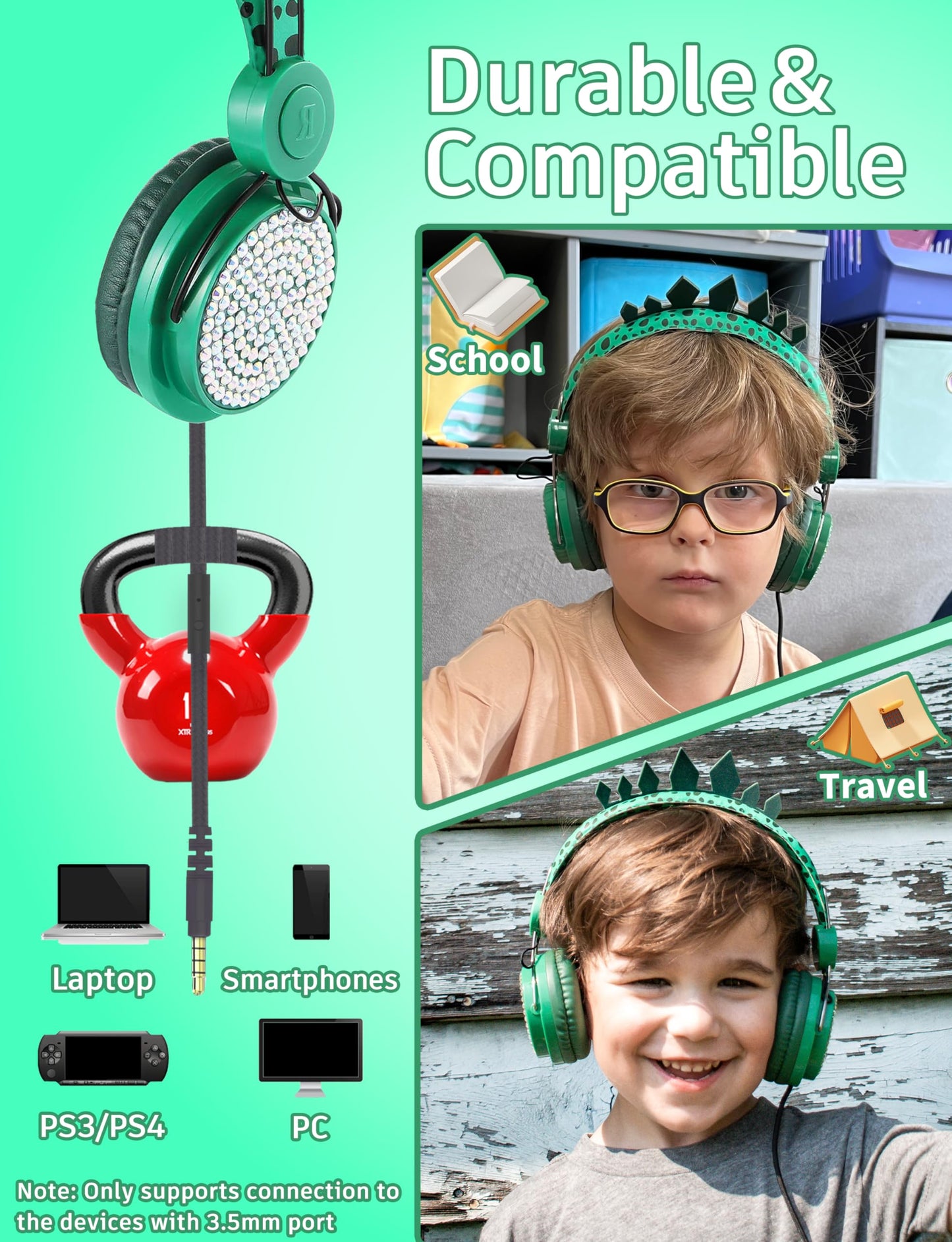 charlxee Kids Headphones,Dinosaurs Wired Headsets for Boys&Girls,Built-in Mic&On/Over Ear HD Stereo for Online Study/School/Tablet with Nylon Cable…
