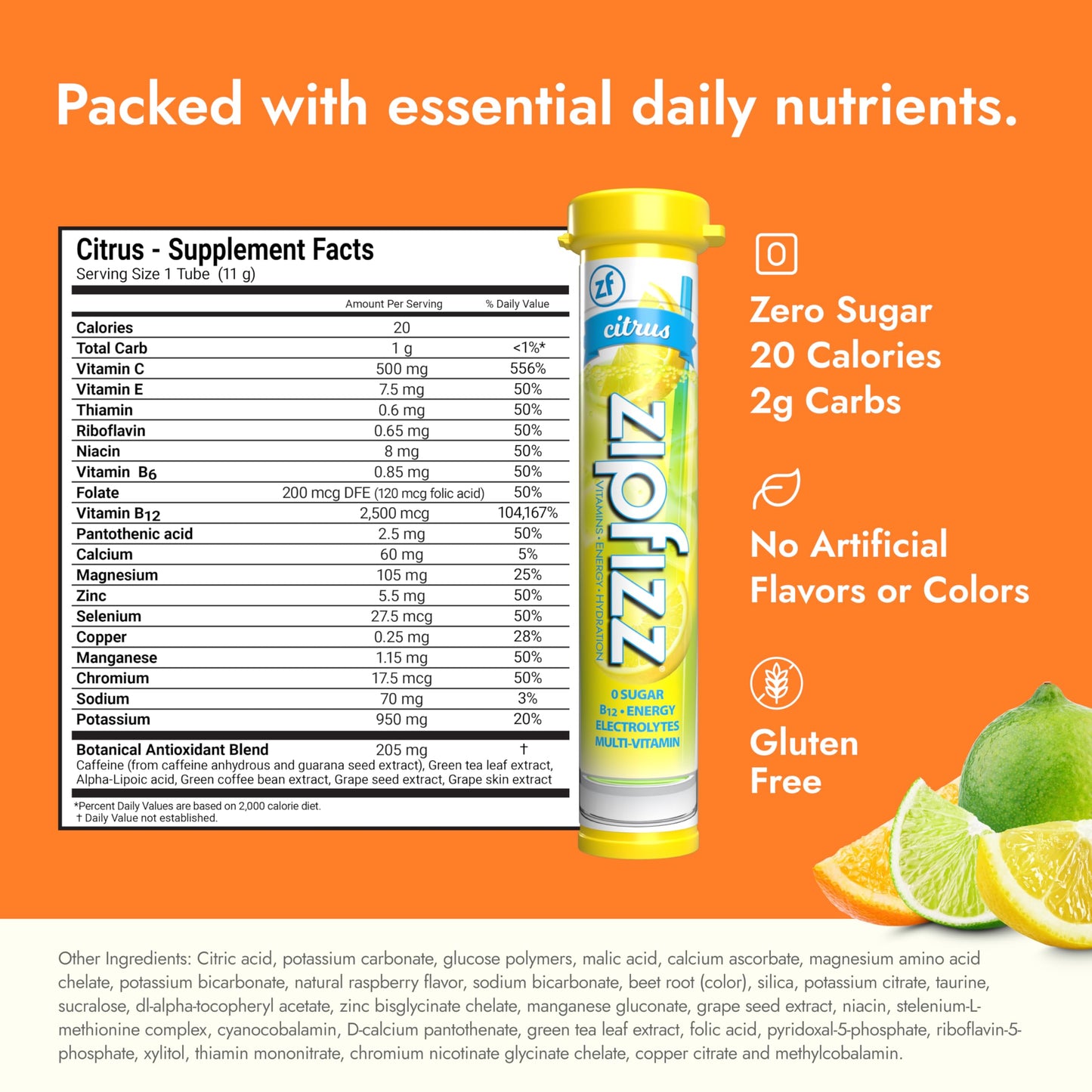 Zipfizz Daily Energy Drink Powder, Citrus, 20 Pack, 3-in-1 Sustained Energy, Rapid Hydration, and Essential Vitamins, Sugar-Free, Electrolyte Powder, Contains Vitamin B-12 & Antioxidants