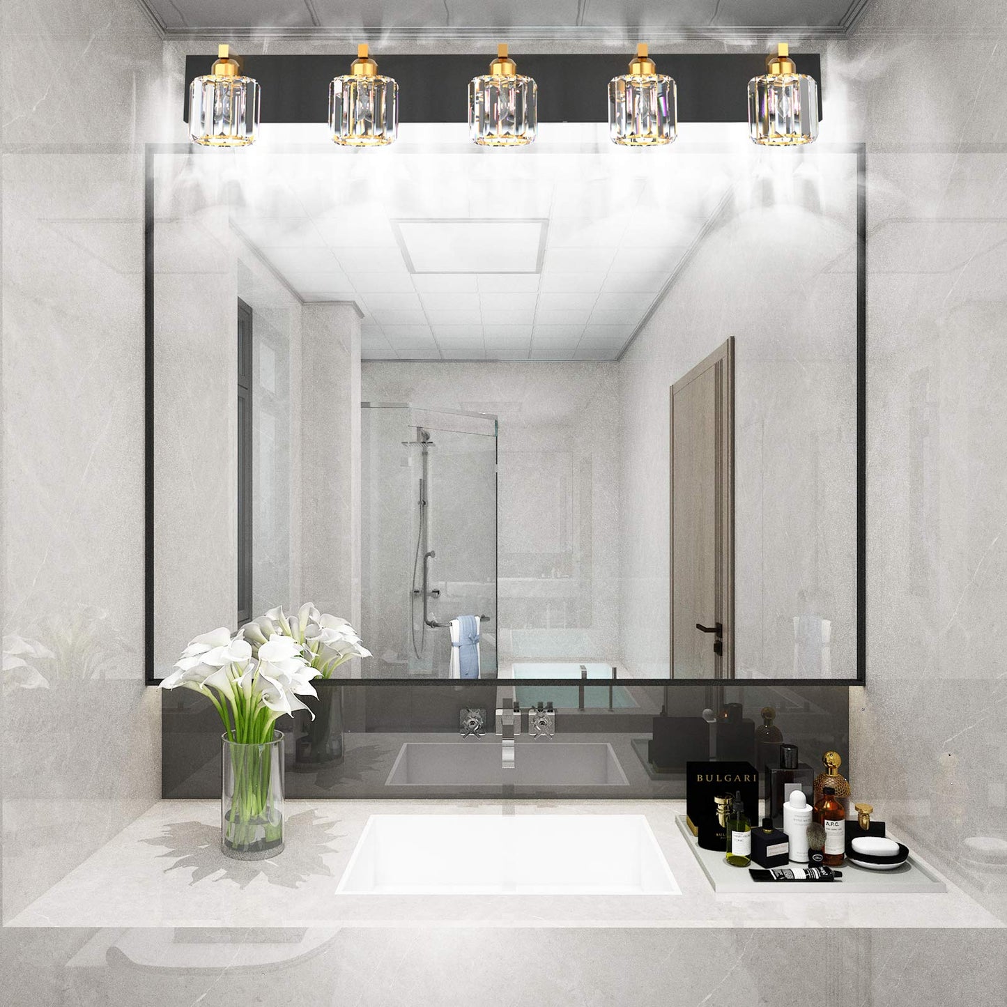 Aipsun Crystal Bathroom Vanity Light Black Vanity Lighting fixtures 5 Lights Crystal Vanity Light for Bathroom(Exclude Bulb)