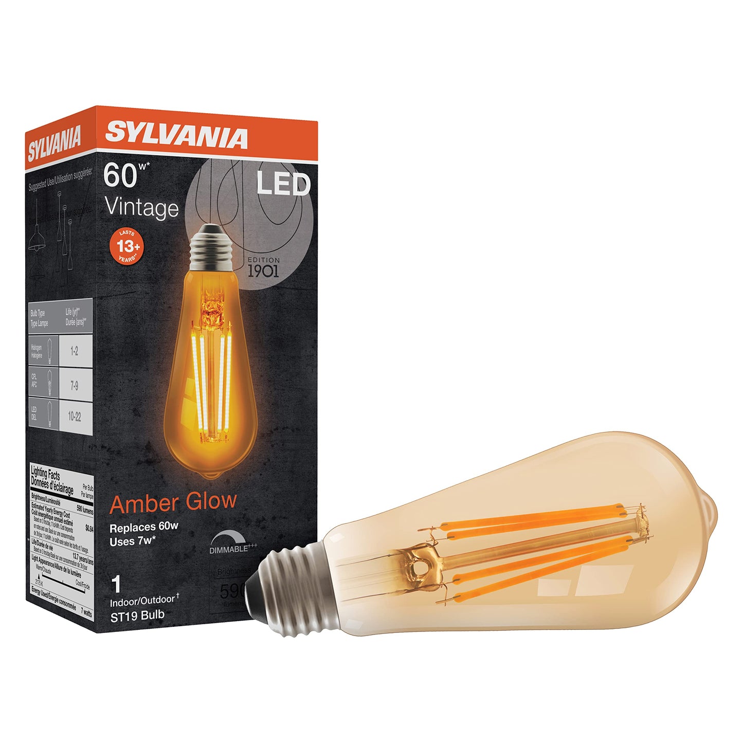Sylvania LED Vintage ST19 60W Equivalent, Efficient 7W, E26 Medium Base, Dimmable 2175K Amber Glow Light Bulb - 1 Pack (75353)