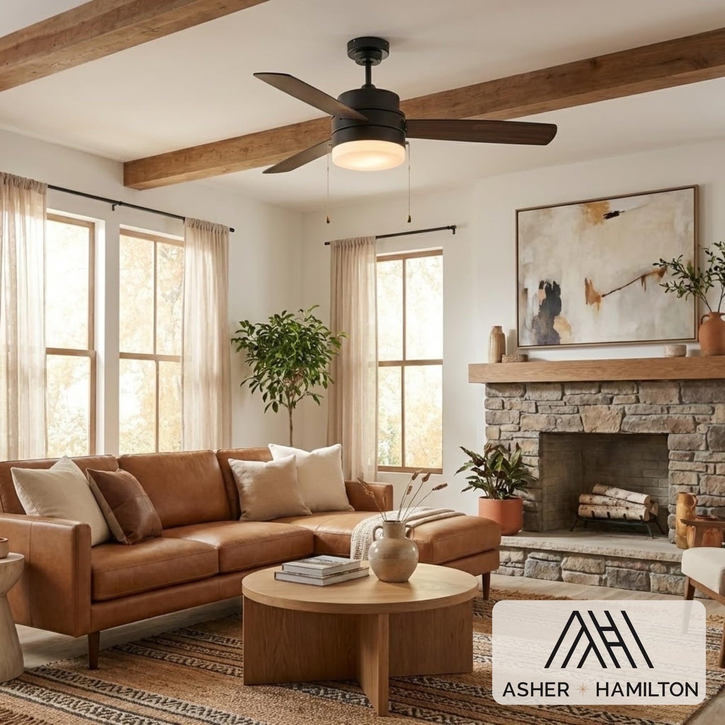Asher Hamilton AHF-216BK Angle 52 Inch Indoor Ceiling Fan | 3 Blade Configuration | Requires E26 Medium Base Bulbs | Dry Rated | Frosted Glass Shade |