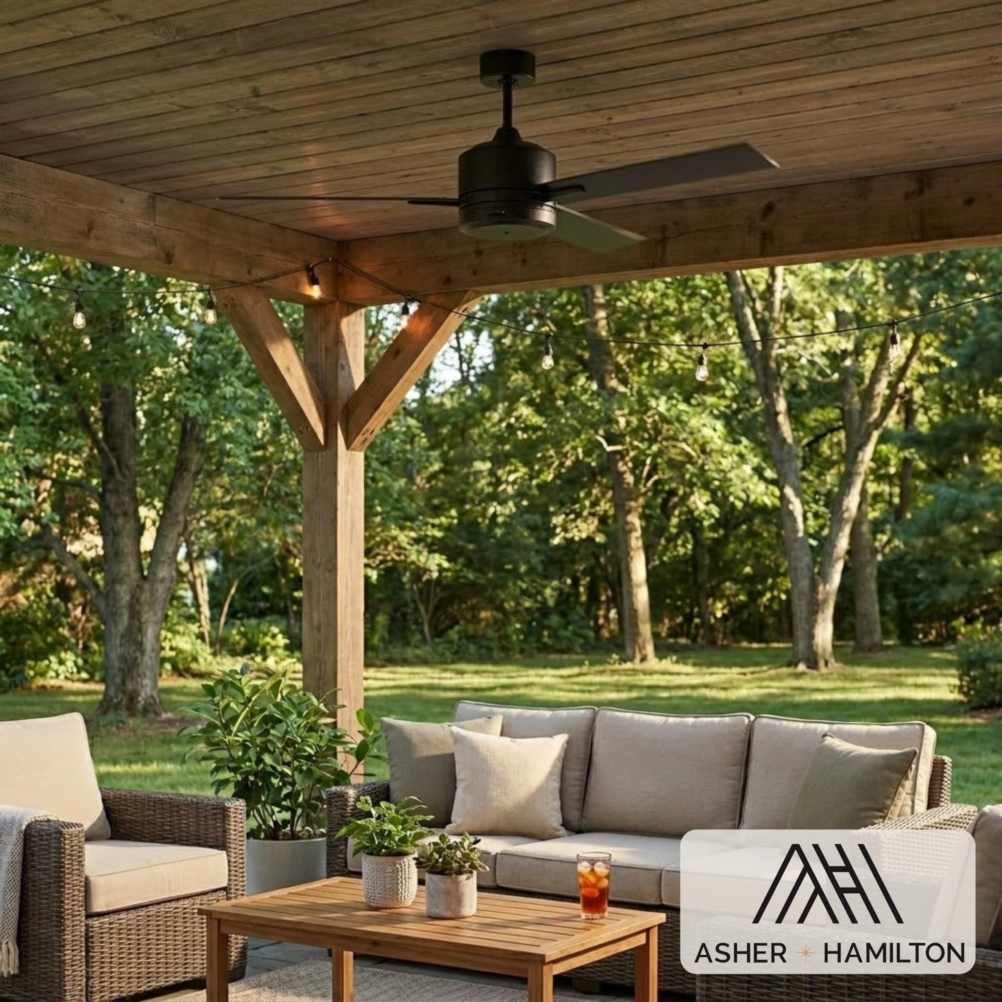 Asher Hamilton AHF-210BK Drift 52 Inch Outdoor Ceiling Fan | 3 Blade Configuration | Wet Rated Exterior Ceiling Fan | Steel and ABS Construction |
