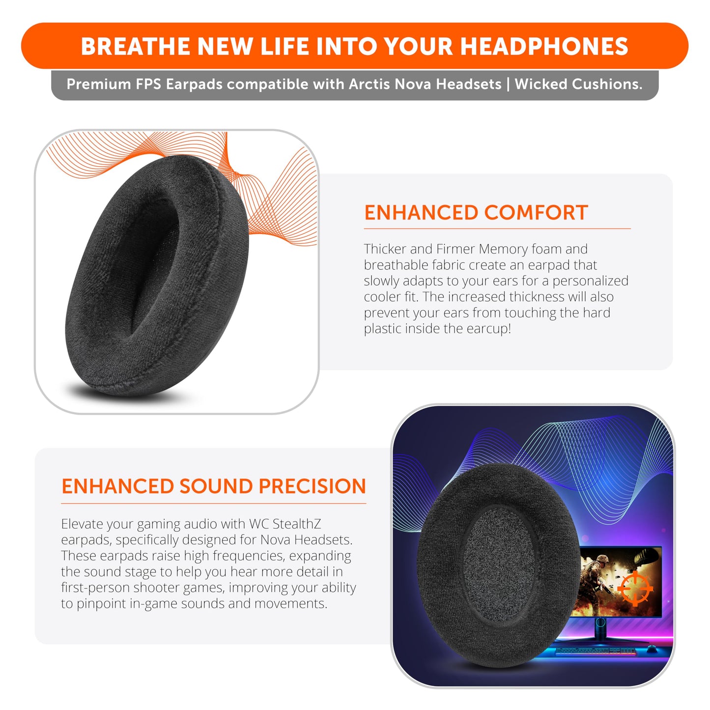 WC StealthZ Arctis Nova - FPS Oriented Earpads for Steelseries Arctis Nova Headphones by GadgetryTech & Wicked Cushions | Enhanced Sound Precision