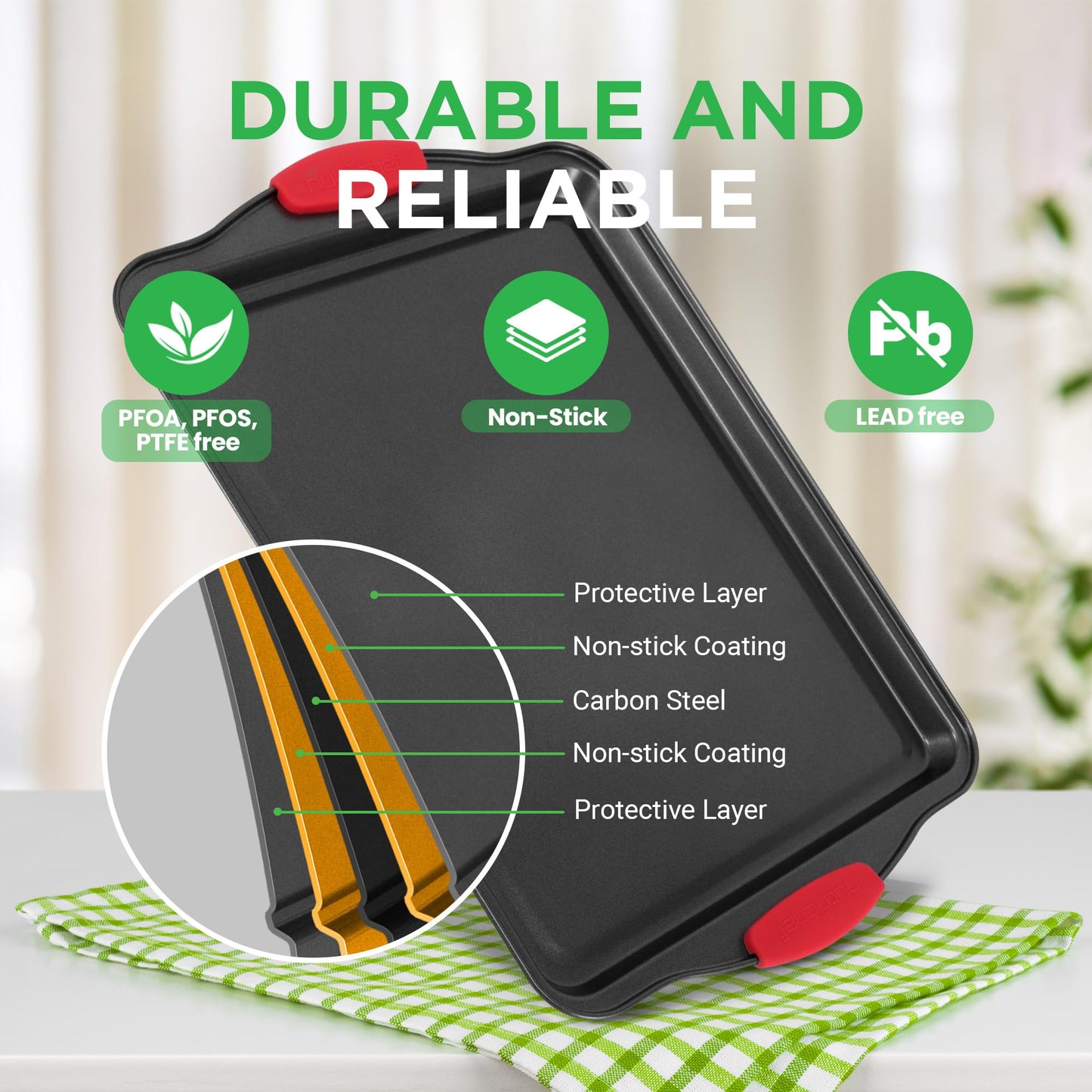 NutriChef 3-Pc Nonstick Baking Pan Set – Commercial-Grade Steel Bakeware with Red Silicone Handles, Easy-Clean, Oven Safe, NCSBS3S          Ask ChatGPT