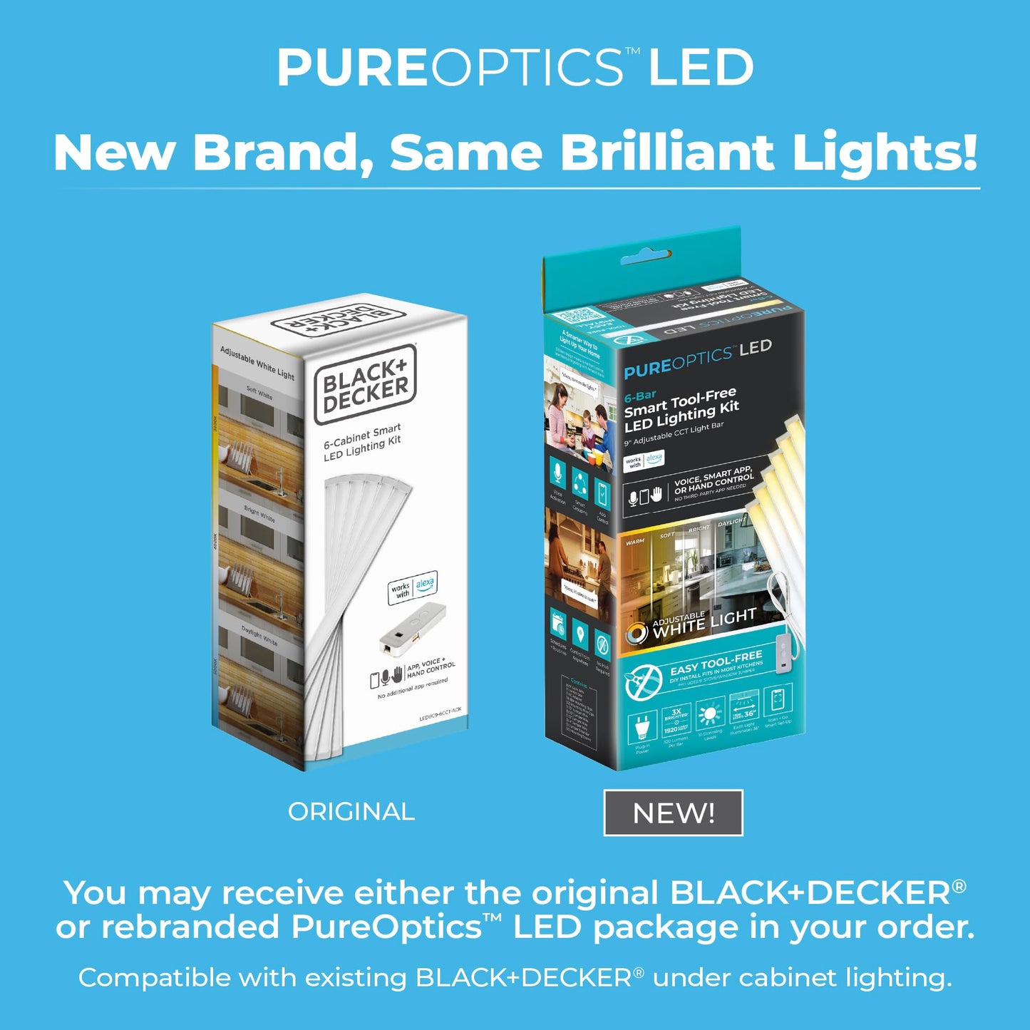PureOptics LED Works with Alexa Smart Under Cabinet Lighting Kit, Adjustable LEDs, (6) 9" Bars, White