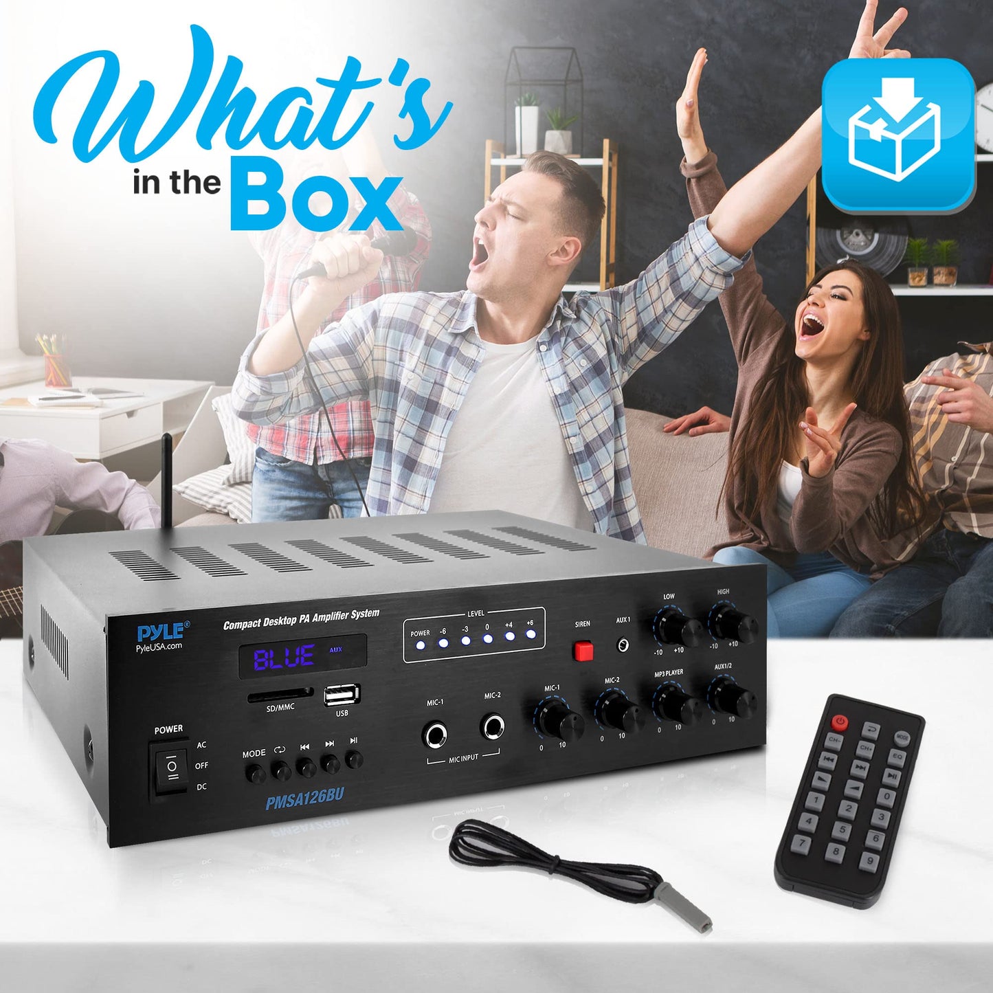 Pyle Public Address Amplifier - 500W Compact Digital Receiver w/ 70V 100V Output, Dual Mic Input, USB-A Input w/ MP3 Player, FM Radio, RCA | Home