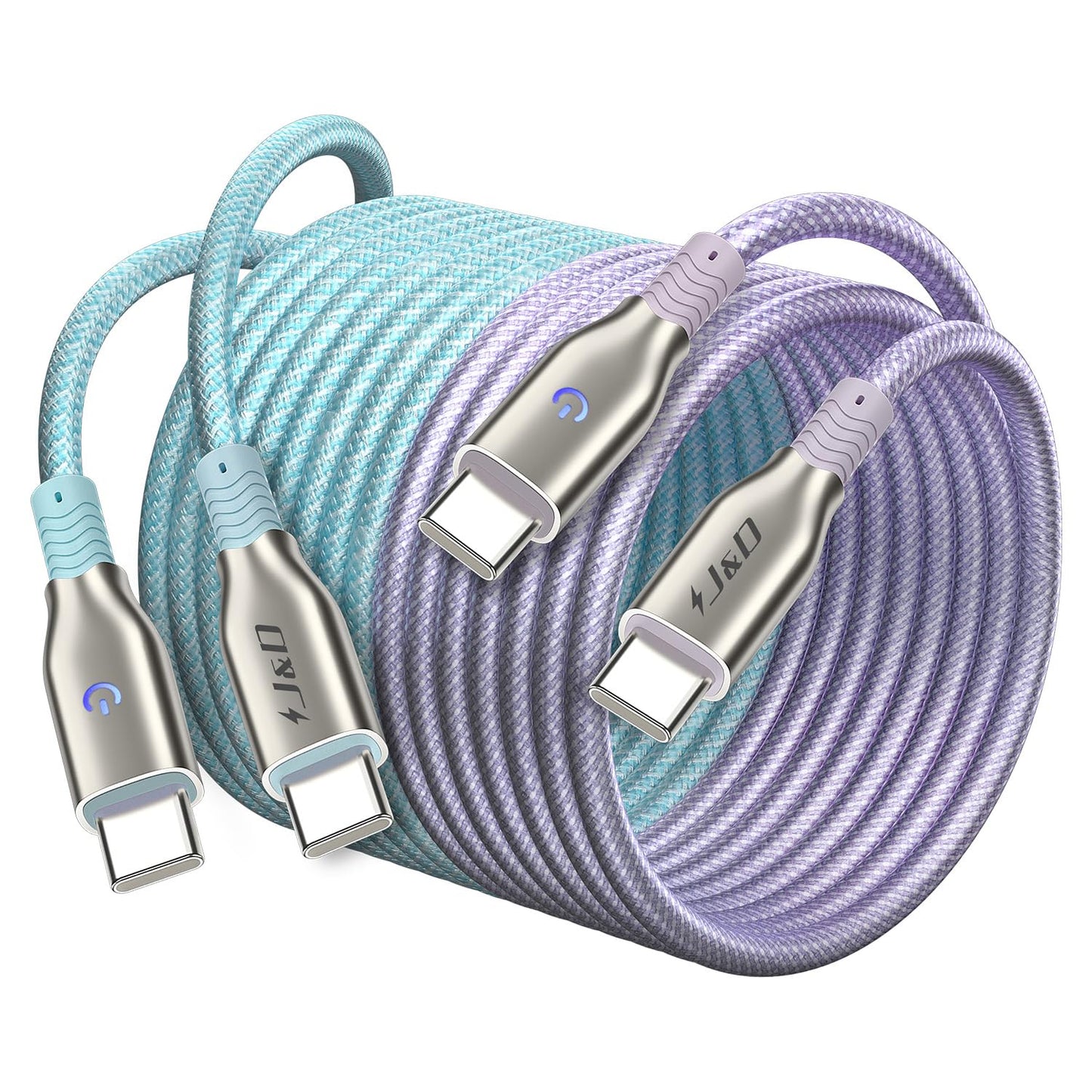J&D USB C to USB C Cable, 2-Pack 6ft 60W Type C Fast Charging Nylon Braided Cable, Compatible with iPhone 16/15 Series, Samsung Galaxy S23, iPad Pro