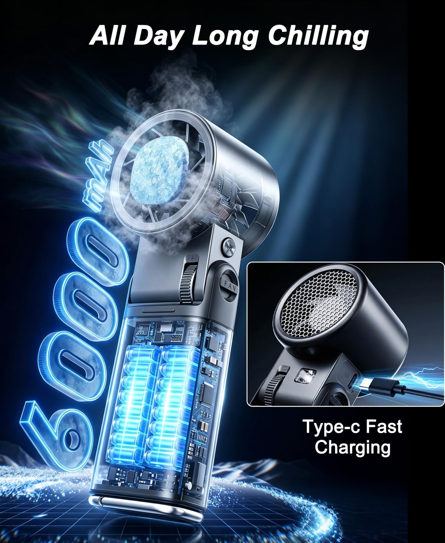 Portable Handheld Fan with Ice Cooling Plate & Flashlight, Metal Personal Mini Turbo Hand Held Fans 6000mAh Rechargeable,1-199 Speeds,14000RPM Travel