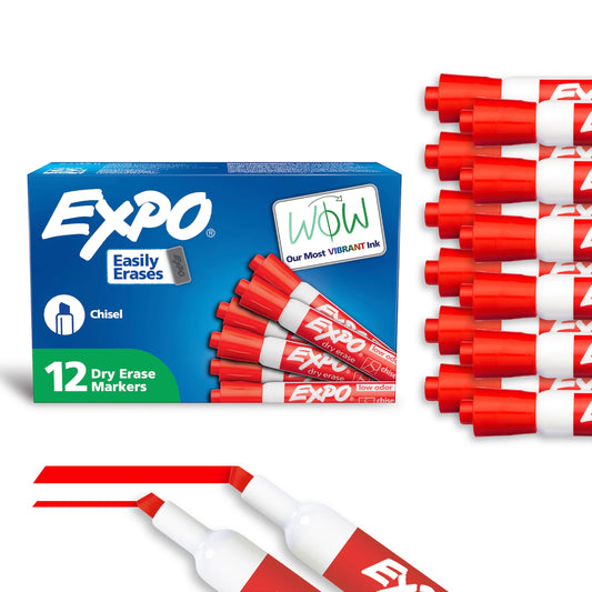 EXPO Dry Erase Markers, Low Odor Ink, Red, Chisel Tip, 12 Count