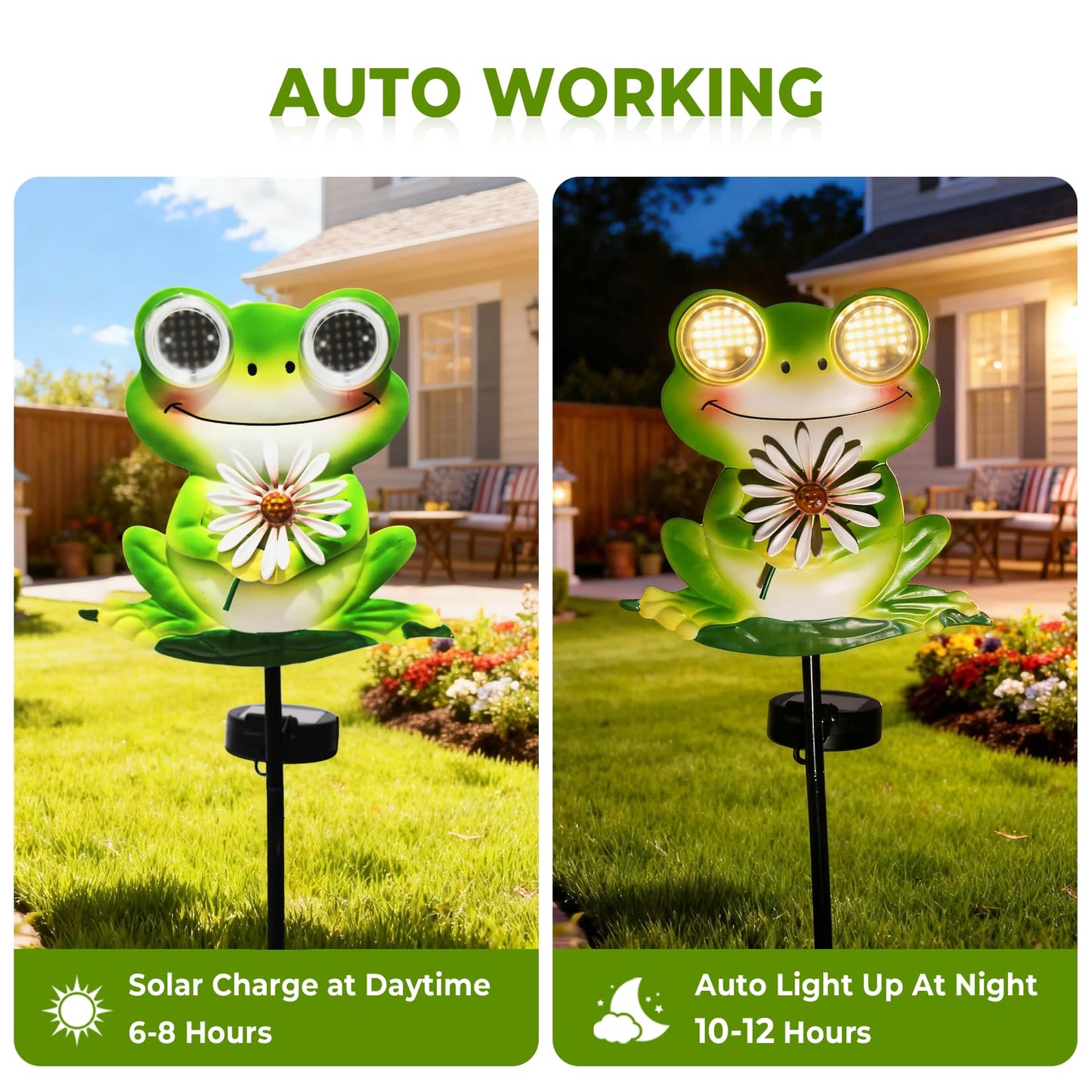 esgarden Solar Frog Garden Stake Light with Dynamic Moving LED Eyes, Outdoor Metal Figurine Sculpture Statue, Cute Animal Yard Art Decor, Warm White
