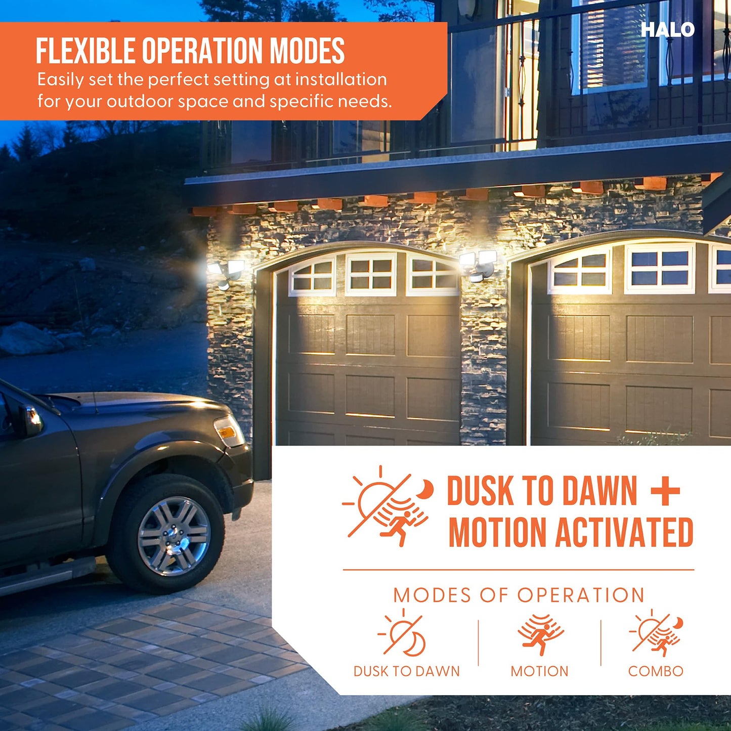 HALO Next Gen Battery-Powered LED Security Floodlight, 2 Head w/Motion Sensing, Dusk to Dawn, 2-Pack, Adjustable Brightness - White