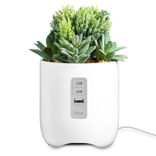 iHome PowerPlant Charging Station, Faux Succulent with USB Charging Station for iPhone, Android, and More - White (iPP45)
