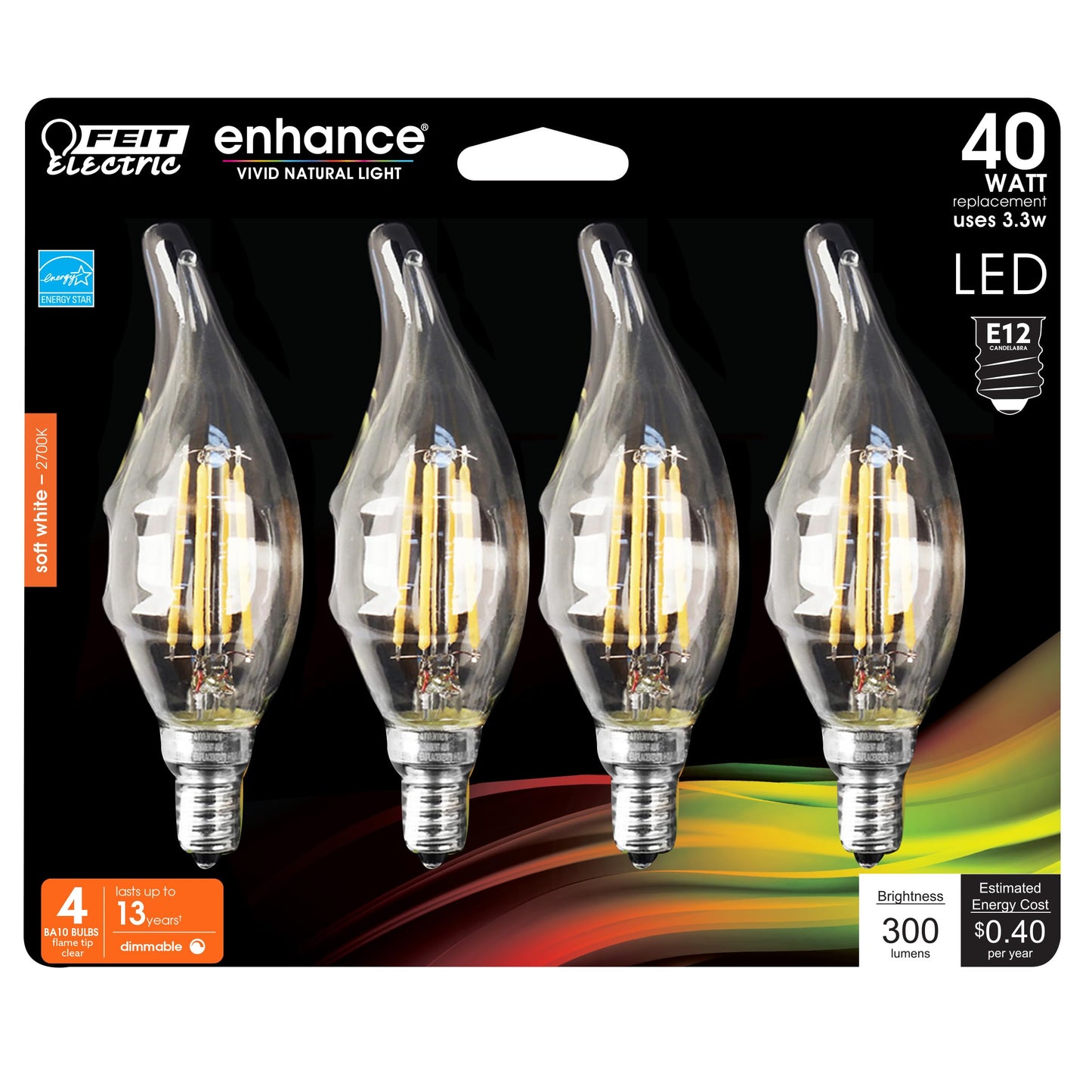 Feit Electric Candelabra LED Light Bulbs, Dimmable, 40W Equivalent, E12 Base, 2700K Soft White, Vintage B10 Filament Candle Light Bulb for Chandelier