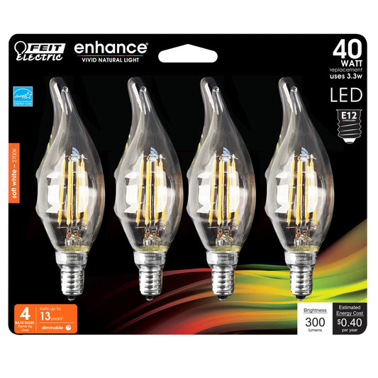 Feit Electric Candelabra LED Light Bulbs, Dimmable, 40W Equivalent, E12 Base, 2700K Soft White, Vintage B10 Filament Candle Light Bulb for Chandelier