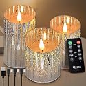 LEDHOLYT Rechargeable Flameless Candle, Flickering LED Pillar Glass Fake Candle with Remote and Timer, Built-in Battery Real Wax Electronic Candle
