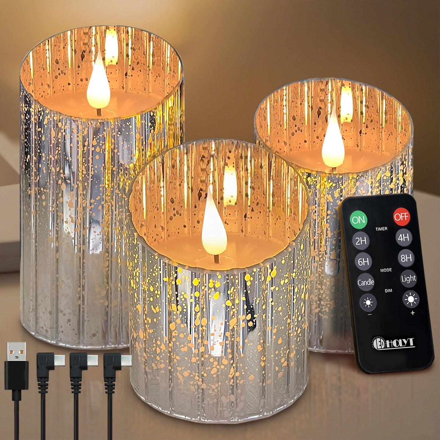 LEDHOLYT Rechargeable Flameless Candle, Flickering LED Pillar Glass Fake Candle with Remote and Timer, Built-in Battery Real Wax Electronic Candle