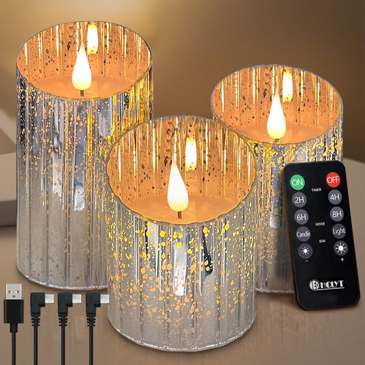 LEDHOLYT Rechargeable Flameless Candle, Flickering LED Pillar Glass Fake Candle with Remote and Timer, Built-in Battery Real Wax Electronic Candle