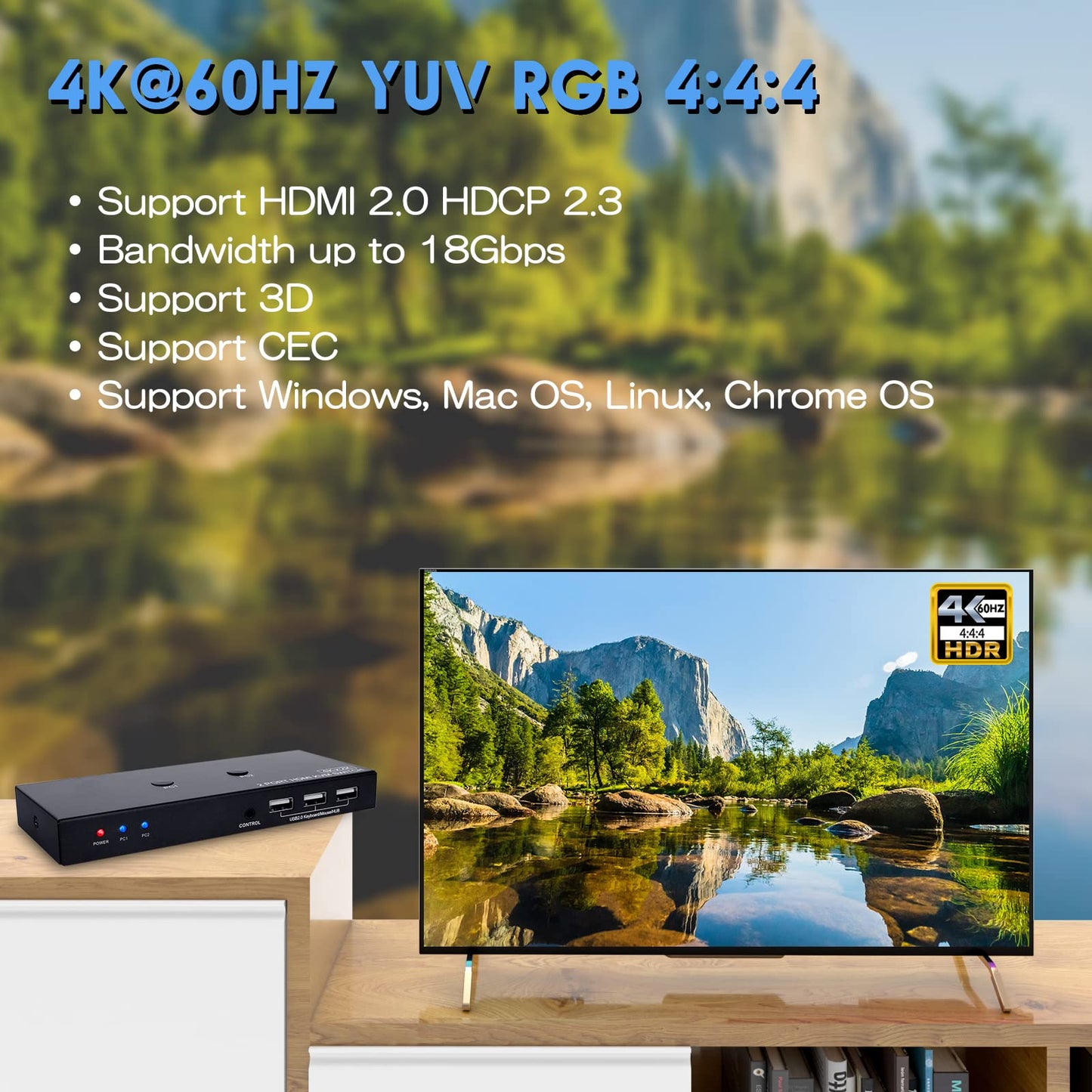 KVM Switch 4K@60Hz, HDMI USB Switch for 2 Computer Share UHD Monitor and Keyboard Mouse Printer, Support YUV RGB 4:4:4, with 2 USB Cables & Wired