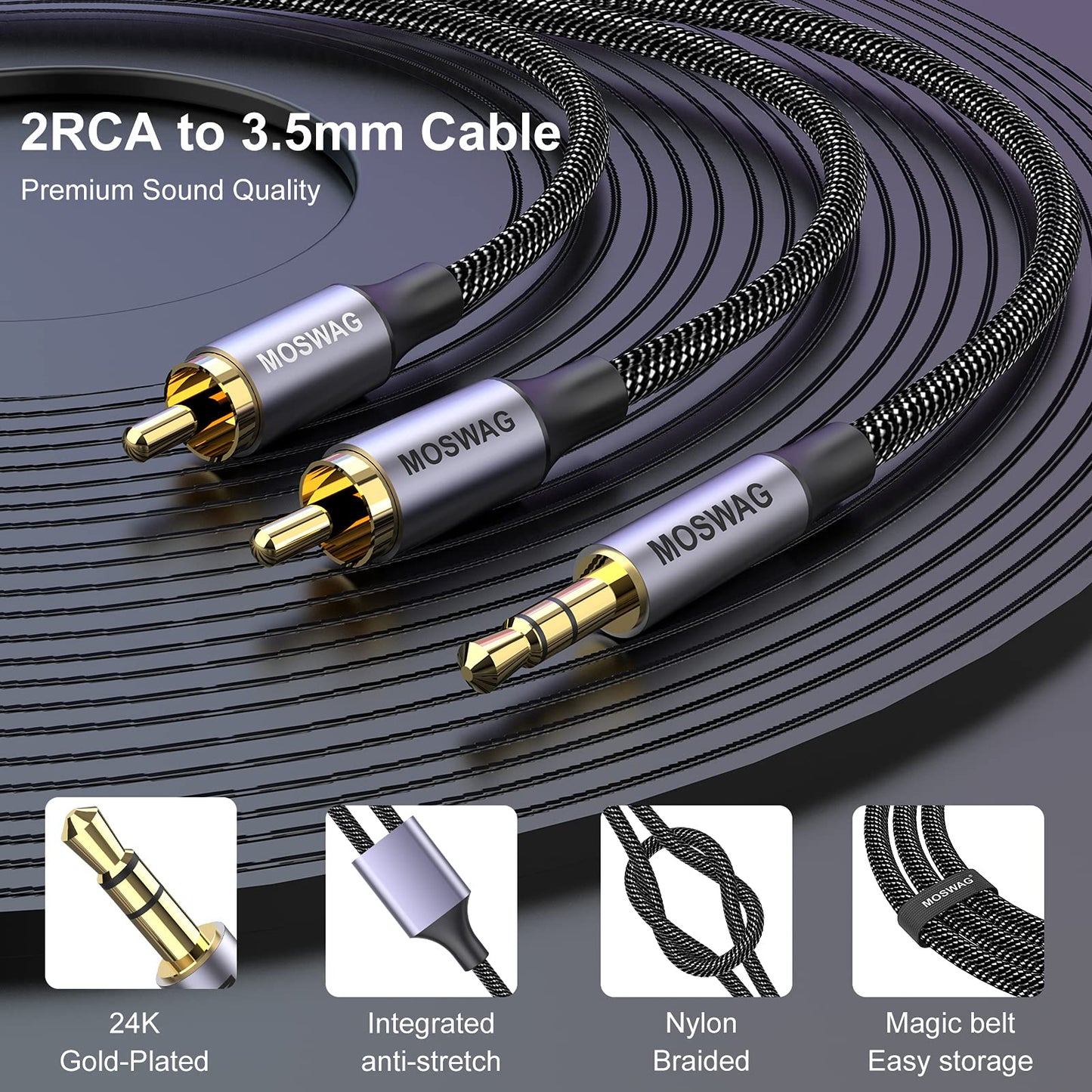 MOSWAG 1/8 to 2RCA Male Cable Audio Adapter 6.6ft/2M RCA Auxiliary Hi-Fi Sound Shielded Stereo Flexible RCA Y Splitter Cable Cord Metal Shell