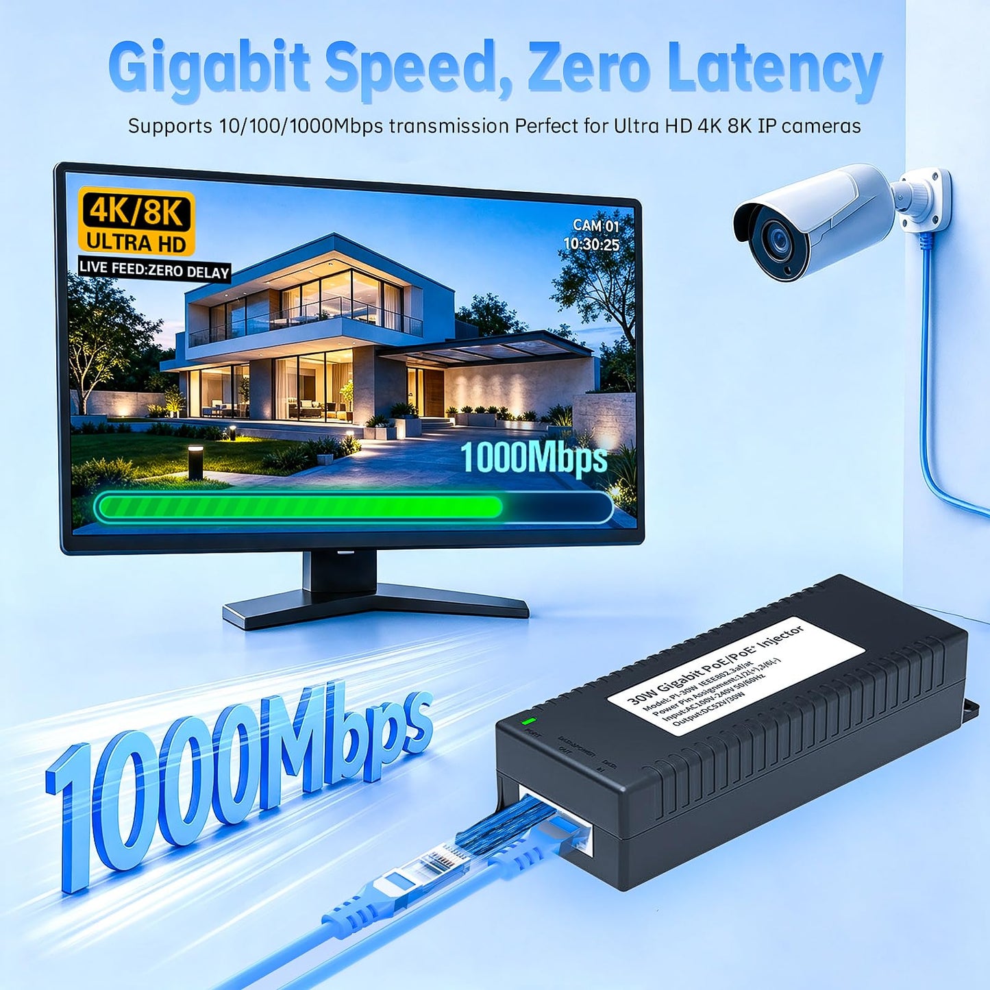 30W Gigabit PoE+ Injector, Active Power Over Ethernet Adapter, 802.3at/af