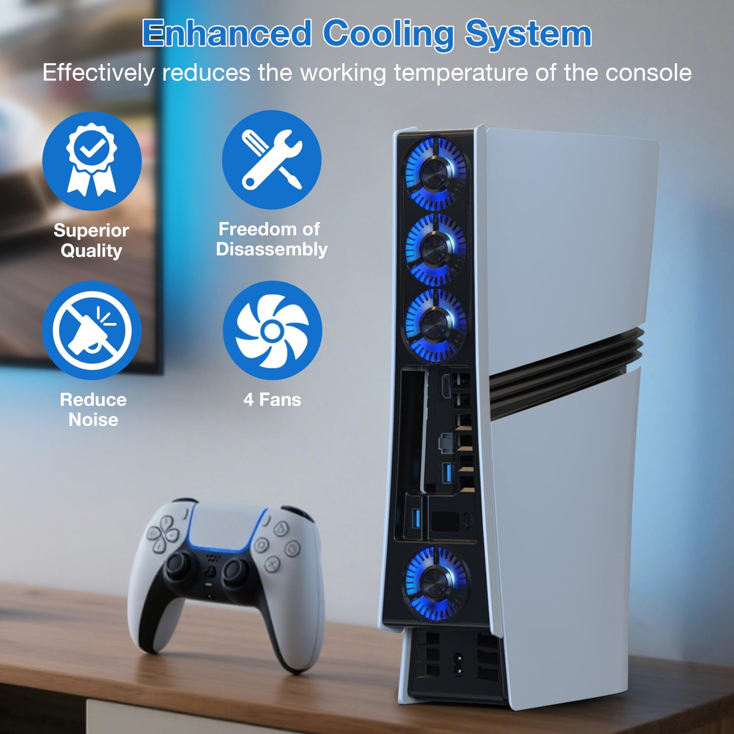 JUSPRO Cooling Fan for PS5 Pro, Quiet Enhanced 4 Cooler Fan with Adjustable Speed, Auto Power On/Off, Cooling Accessories with USB 3.0 Port and LED