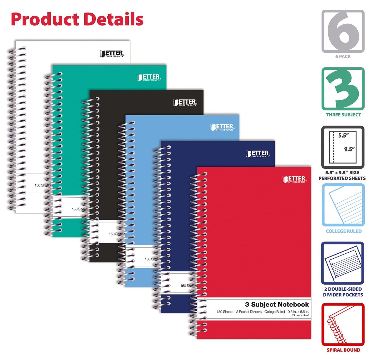 Better Office Products 3 Subject Spiral Notebooks, 9.5 x 5.5 inch, 6 Pack, 150 Sheet Notebook with 2 Double-Sided Pocket Dividers, Assorted Solid