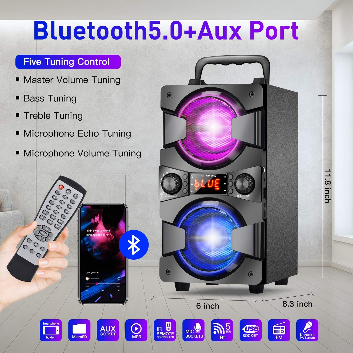 Bluetooth Speaker, Portable Wireless Speakers with Microphone, 60W Peak Loud Stereo Rich Bass, Lights, Remote, FM Radio, EQ, Double Subwoofer Sound
