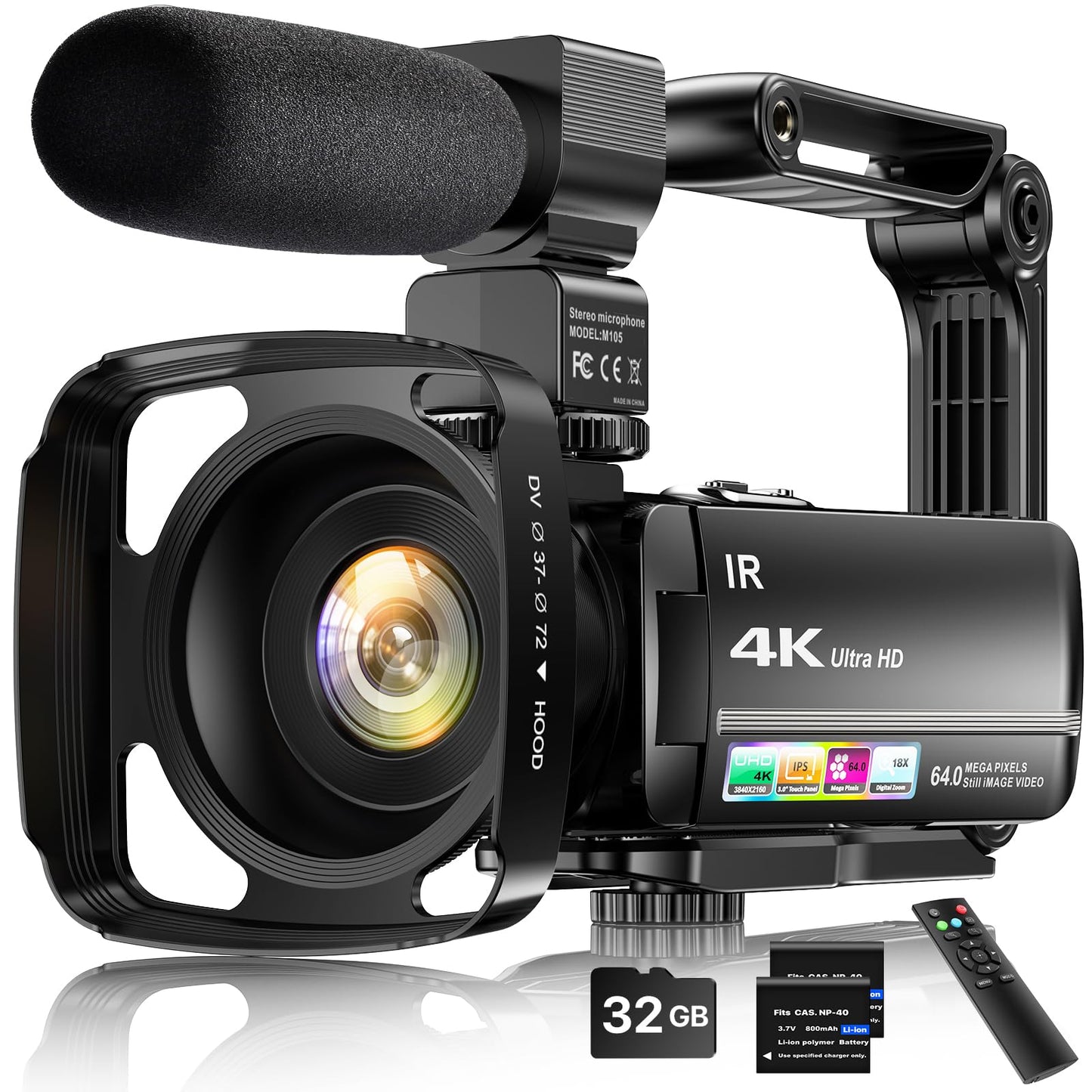 4K Video Camera Camcorder 64MP Vlogging Camera for YouTube 3.0" Touch Screen 18X Digital Zoom IR Night Vision with External Stereo