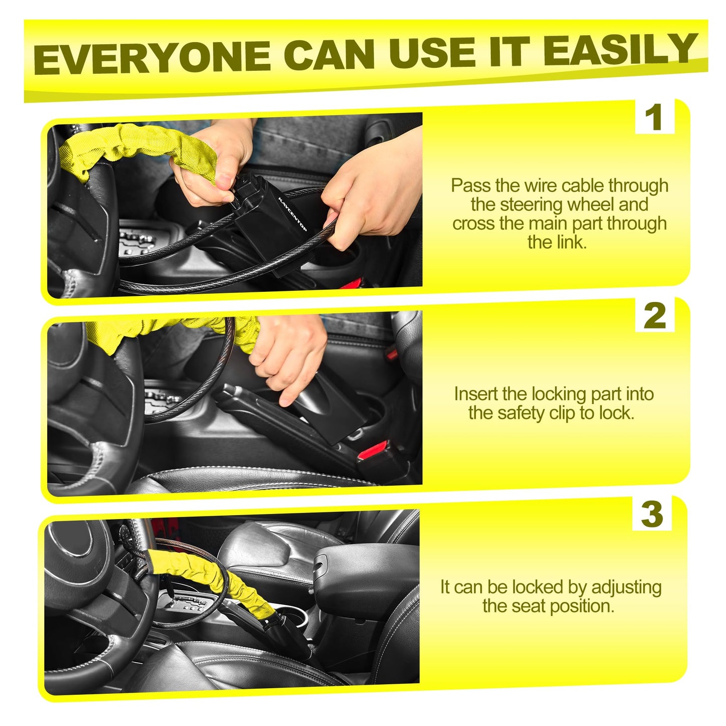 KAYCENTOP Car Steering Wheel Lock, Seat Belt Lock, Anti-Theft Device, Max 17 Inch Length, Small and Light-Weight, Multi-Functional, Fit Most Vehicle
