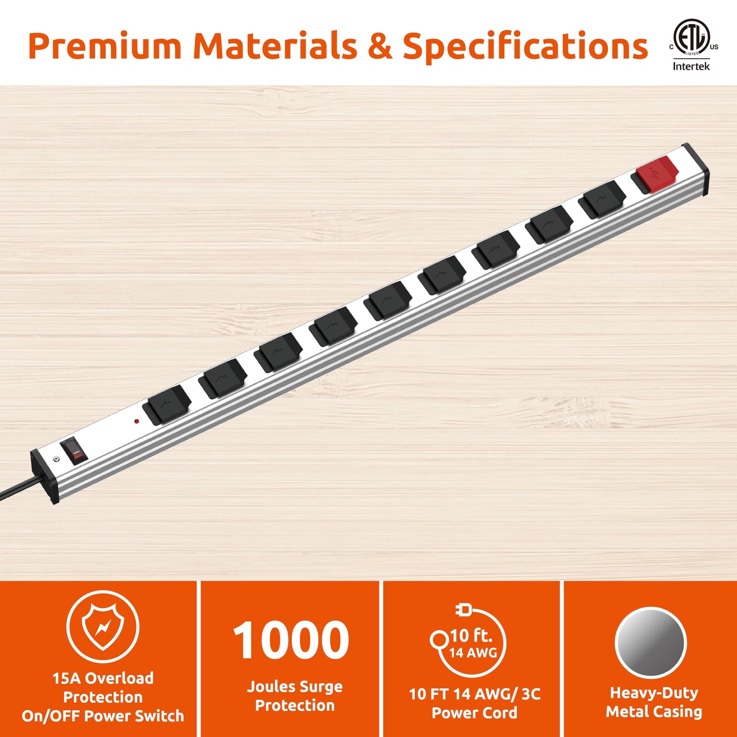 9 Outlets 2 USB Heavy Duty Metal Socket Power Strip,10-Foot Long Extension Cord with Circuit Breaker. Mounting Brackets Included, Workshop/Industrial