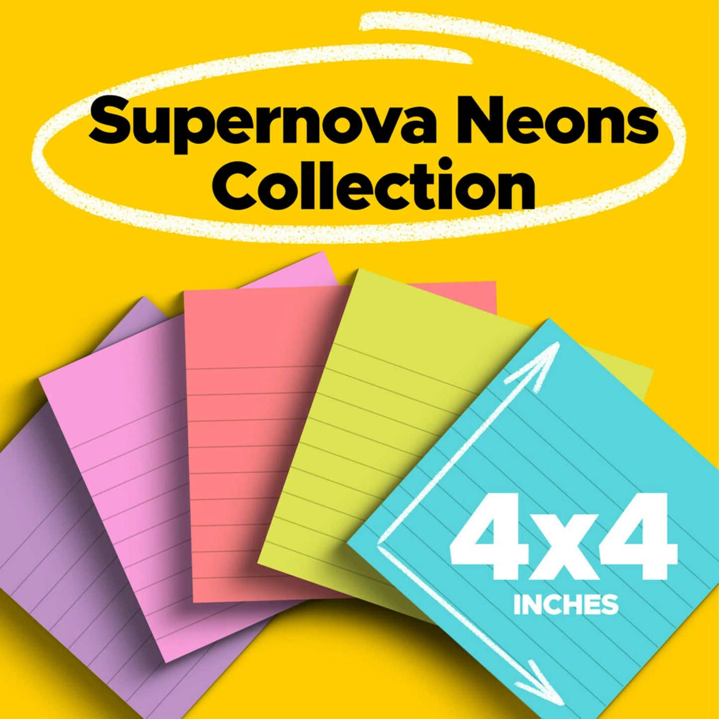 Post-it Super Sticky Notes, 4 x 4 in, Supernova Neons, 6 Lined Pads