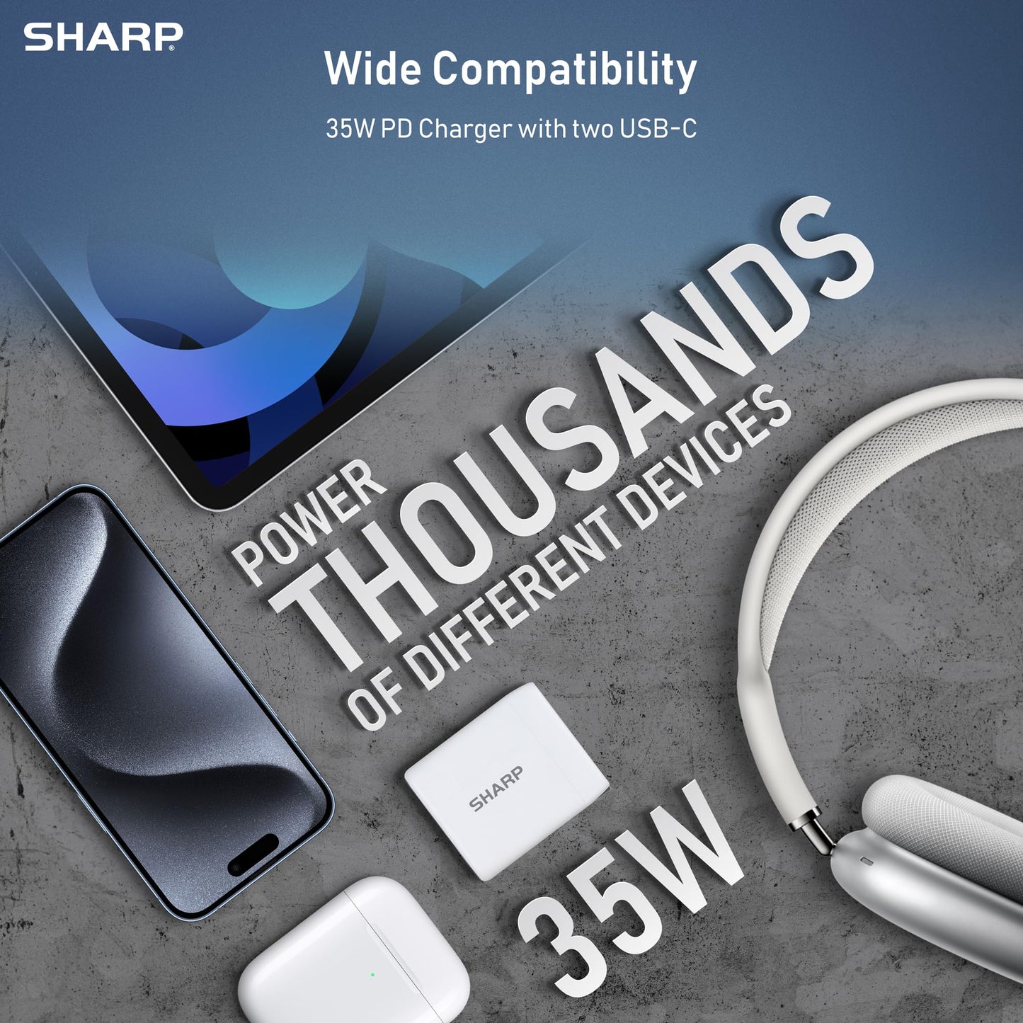Sharp USB C Charger - 35W, Dual Port (2 USB-C) Compact Foldable GaN Fast Charge for iPhone 15/15 Pro/15 Pro Max/14/13/12, Pad Pro/AirPods and More