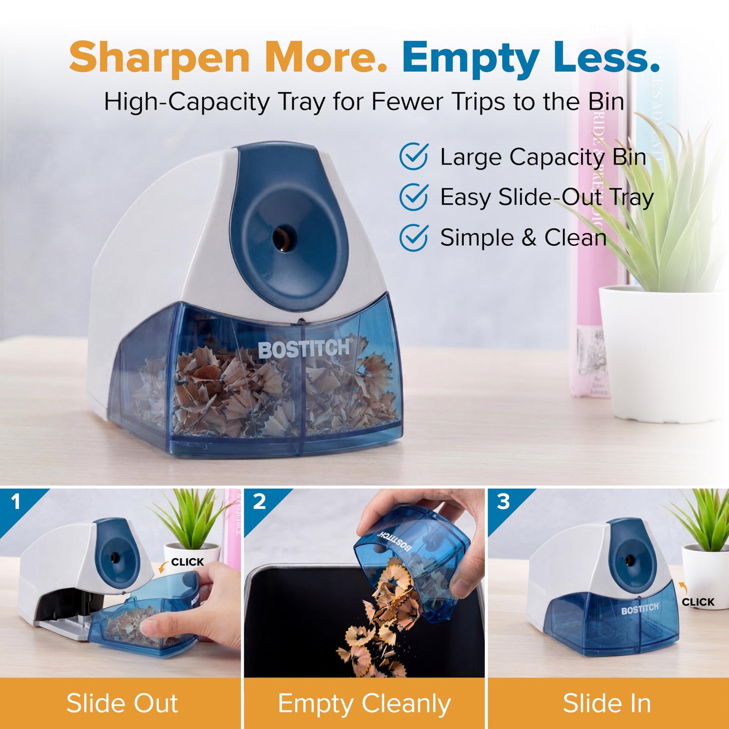 Bostitch Office Electric Pencil Sharpener for Classroom & Desk Use, Heavy-Duty Stall-Free Motor, High-Capacity Shavings Tray, Blue
