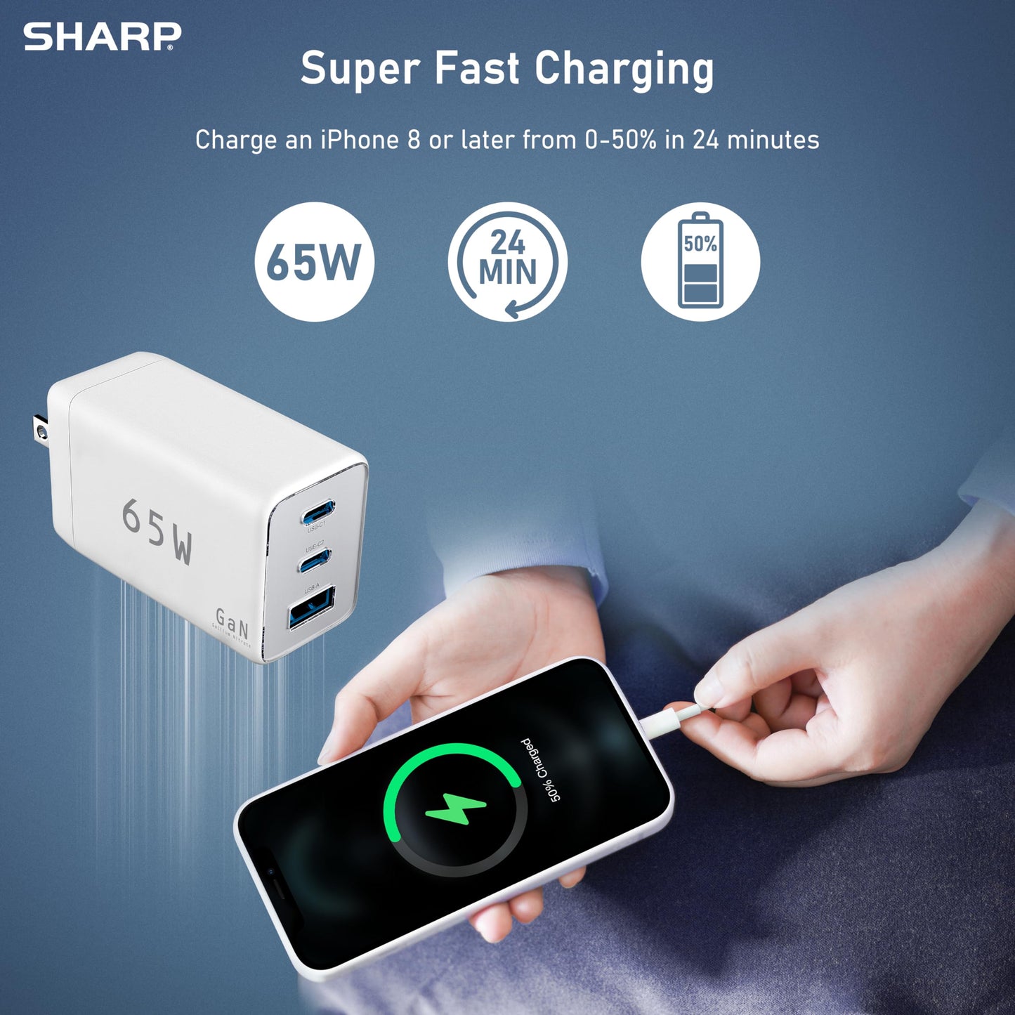 Sharp USB C Charger, 65W, 3 Port (USB 1A+2C), Compact Foldable GaN Fast Charge for MacBook Pro/Air, iPad Pro, Galaxy S23, Dell XPS 13, Note 20/10+