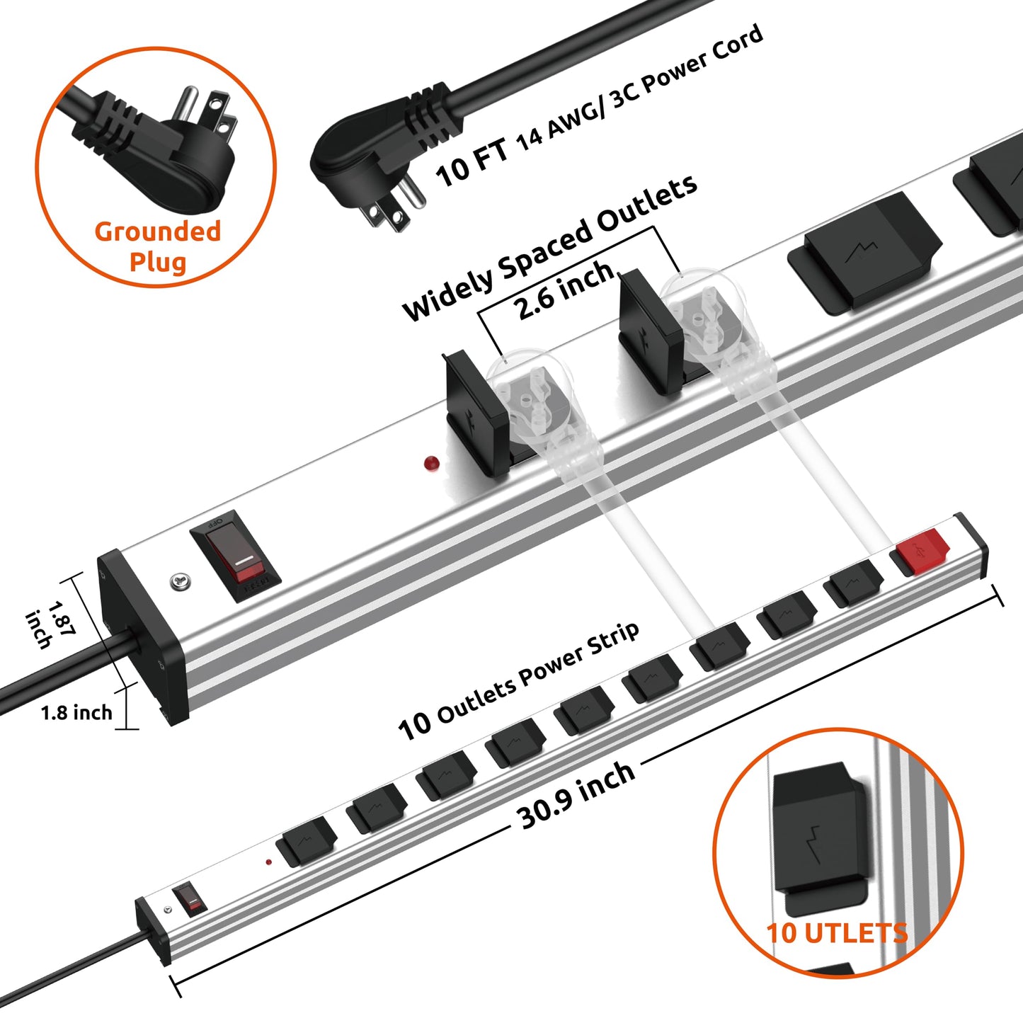 9 Outlets 2 USB Heavy Duty Metal Socket Power Strip,10-Foot Long Extension Cord with Circuit Breaker. Mounting Brackets Included, Workshop/Industrial