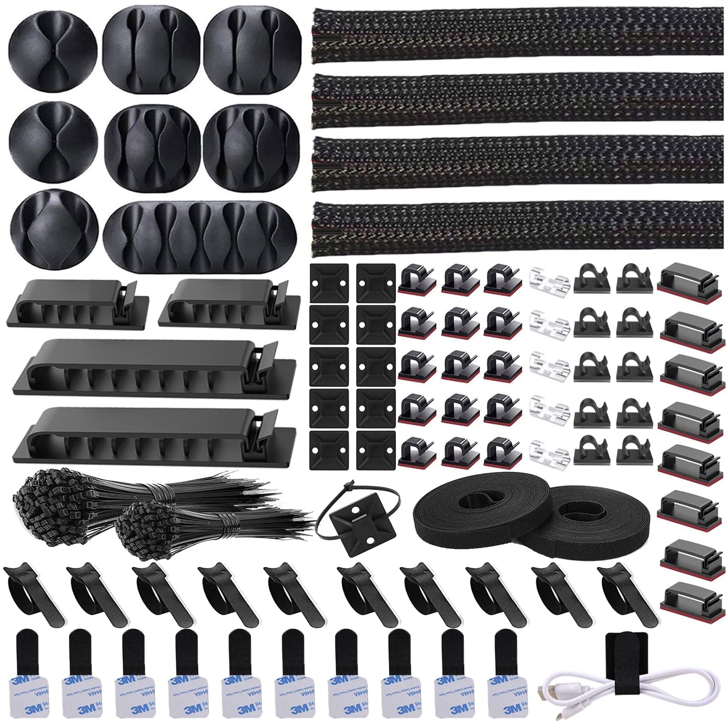 DRIVUU 311Pcs Cable Management Organizer Kit 4 Cable Sleeve Split,53Cable Clips 12Cord Clips Holder,22 Cable Ties, 20 Adhesive Wall Cable Tie