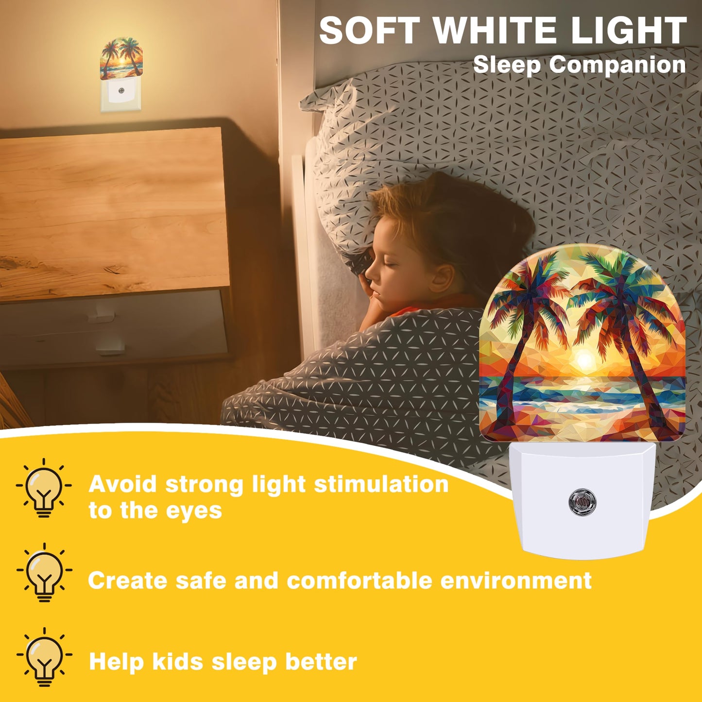 FOISIIAEA Night Lights Plug into Wall Beach Sunset with Palm Trees Night Light Dusk to Dawn Smart Sensor Decorative Round Led Lamp for Bedroom Kitchen