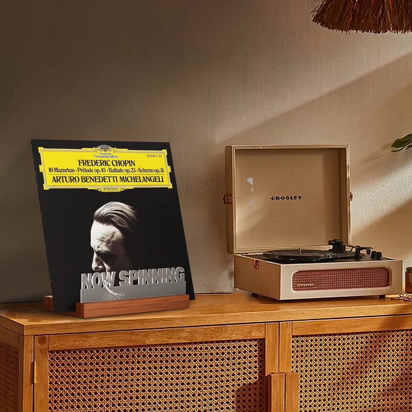 Light up Now Spinning Vinyl Record Stand, Now Playing Ammonite Record Stand, Wooden Acrylic Holder for Vinyl Album Display and Storage with Warm White