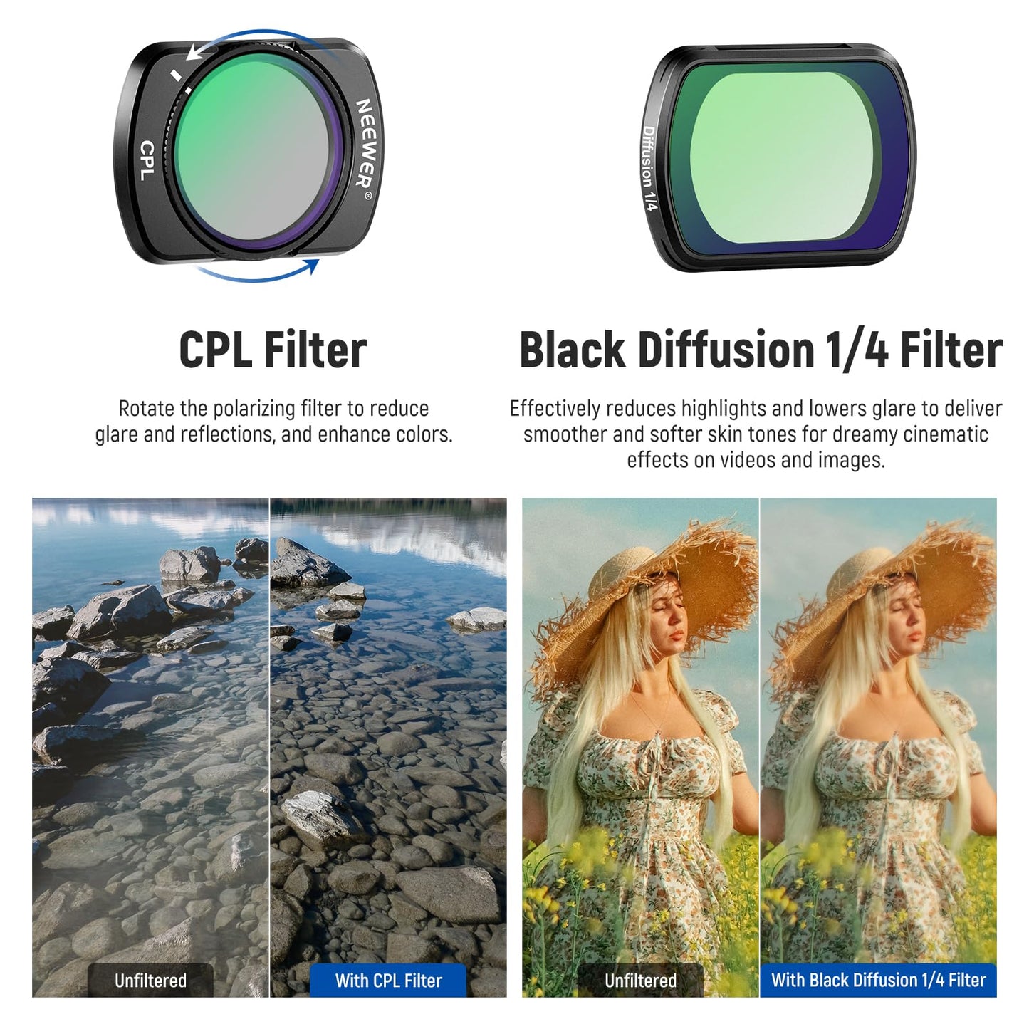 NEEWER Magnetic ND Filter Set Compatible with DJI Osmo Pocket 3 Creator Combo Accessories, Variable Neutral Density ND2-32 CPL Polarizing Black