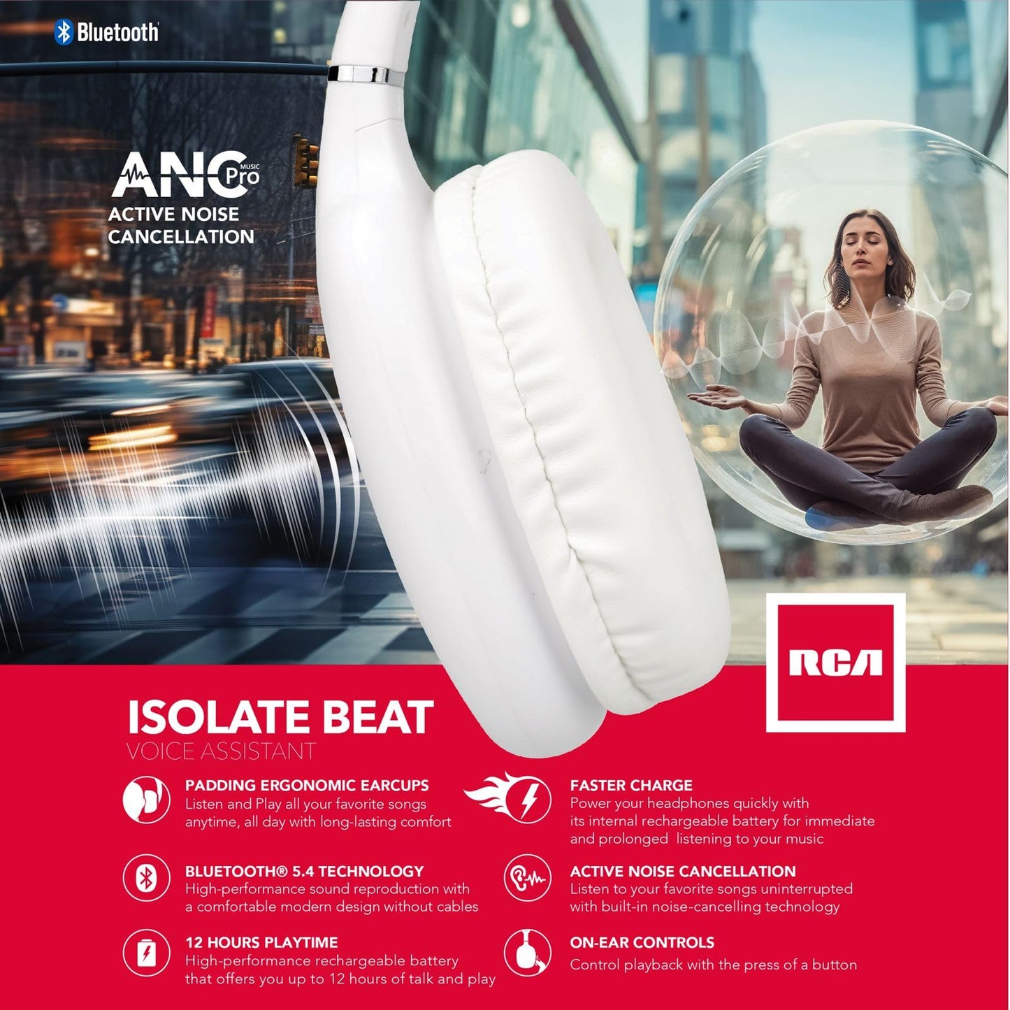 RCA Wireless Bluetooth Headphones with Active Noise Cancellation (White)