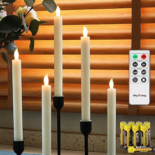 Rhytsing 10" Ivory Flameless Taper Candles with Timer, Battery Operated Dinner Candlesticks, Push-Activated, Textured Wax Finish, Warm White Light