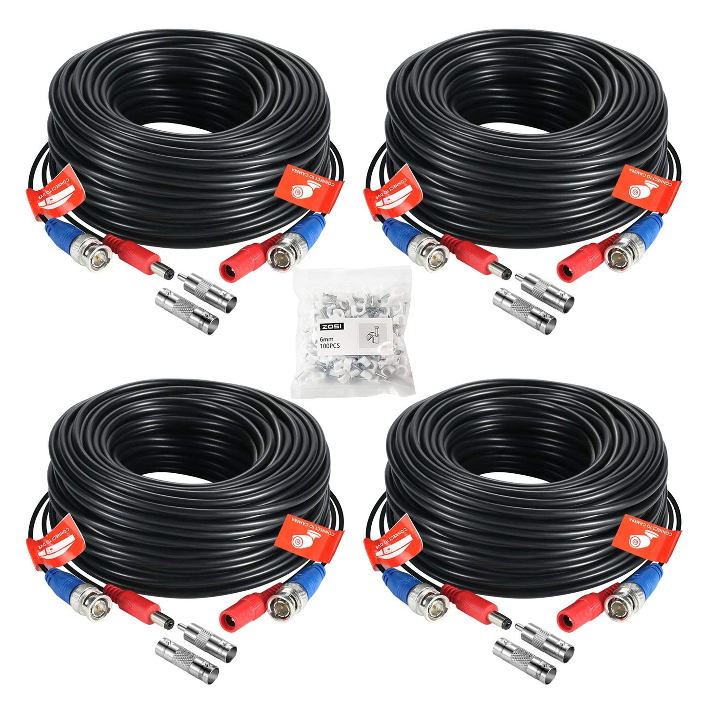 ZOSI 4 Pack 100ft 30M Ahd Tvi Bnc Power Video Cable Wire Connector for Security System CCTV Camera 4336304935