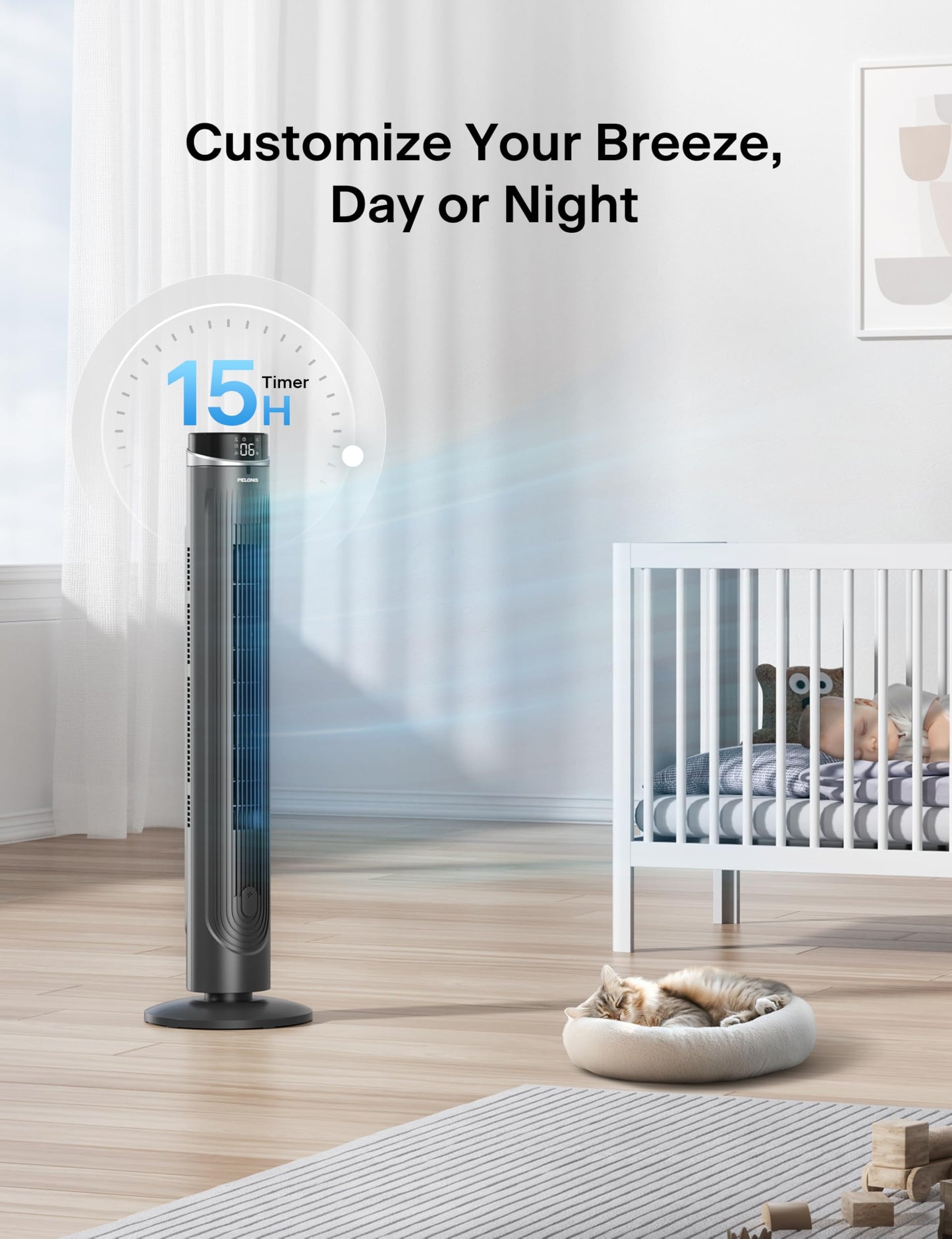 Pelonis 42-Inch Tower Fan for bedroom, Standing Fan with 90° Oscillation, 28ft/s, 5 Speeds & 4 Modes, Eco Mode, 12H Timer, 23dB Quiet, Remote Control